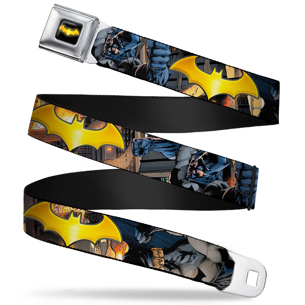 Bat Shield Full Color Black Golden Yellow Seatbelt Belt - Bat Shield/Urban Legend Action Poses/Fire Full Color/Golden Yellow Webbing Seatbelt Belts DC Comics