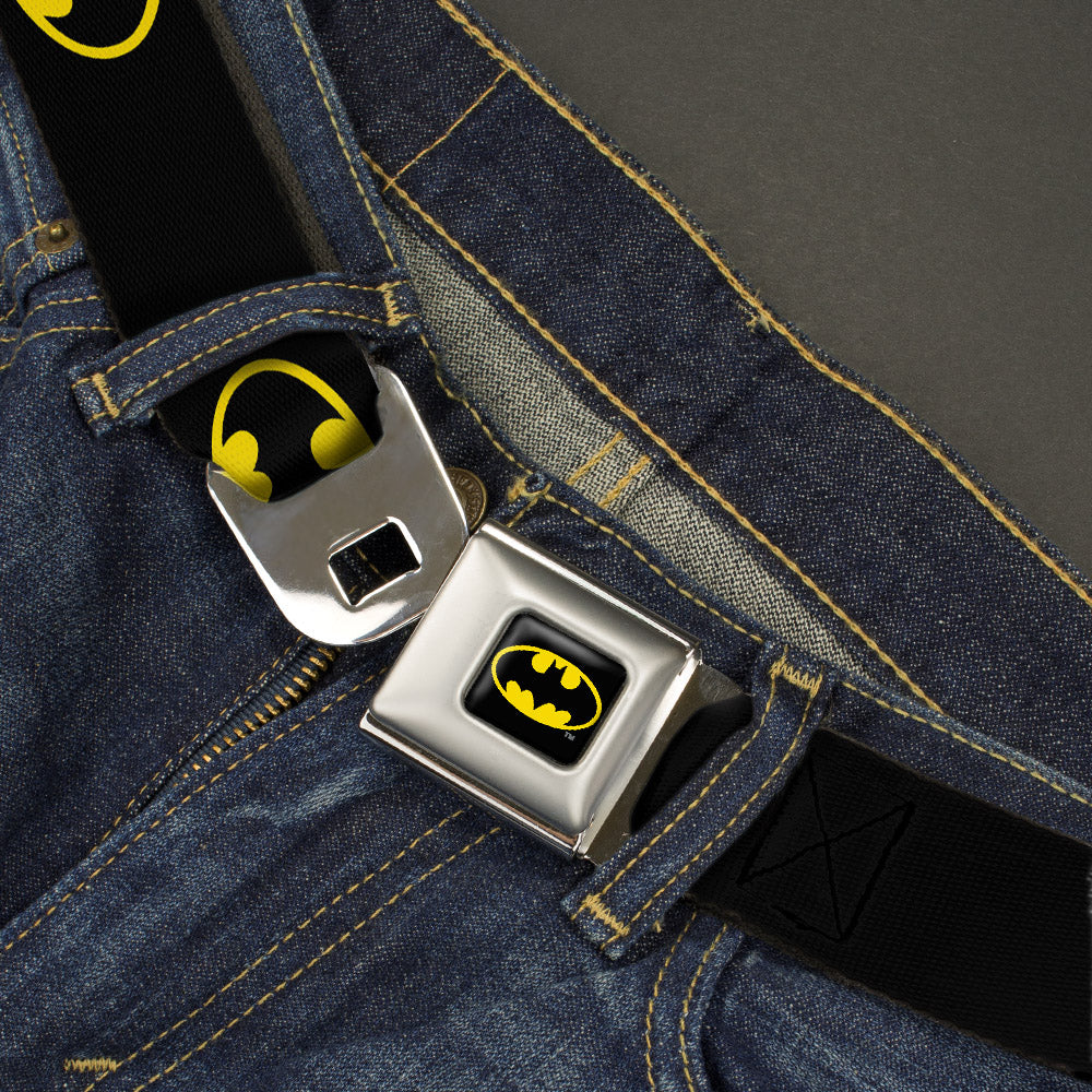 Batman Full Color Black/Yellow Seatbelt Belt - Batman Shield Black/Yellow Webbing Seatbelt Belts DC Comics