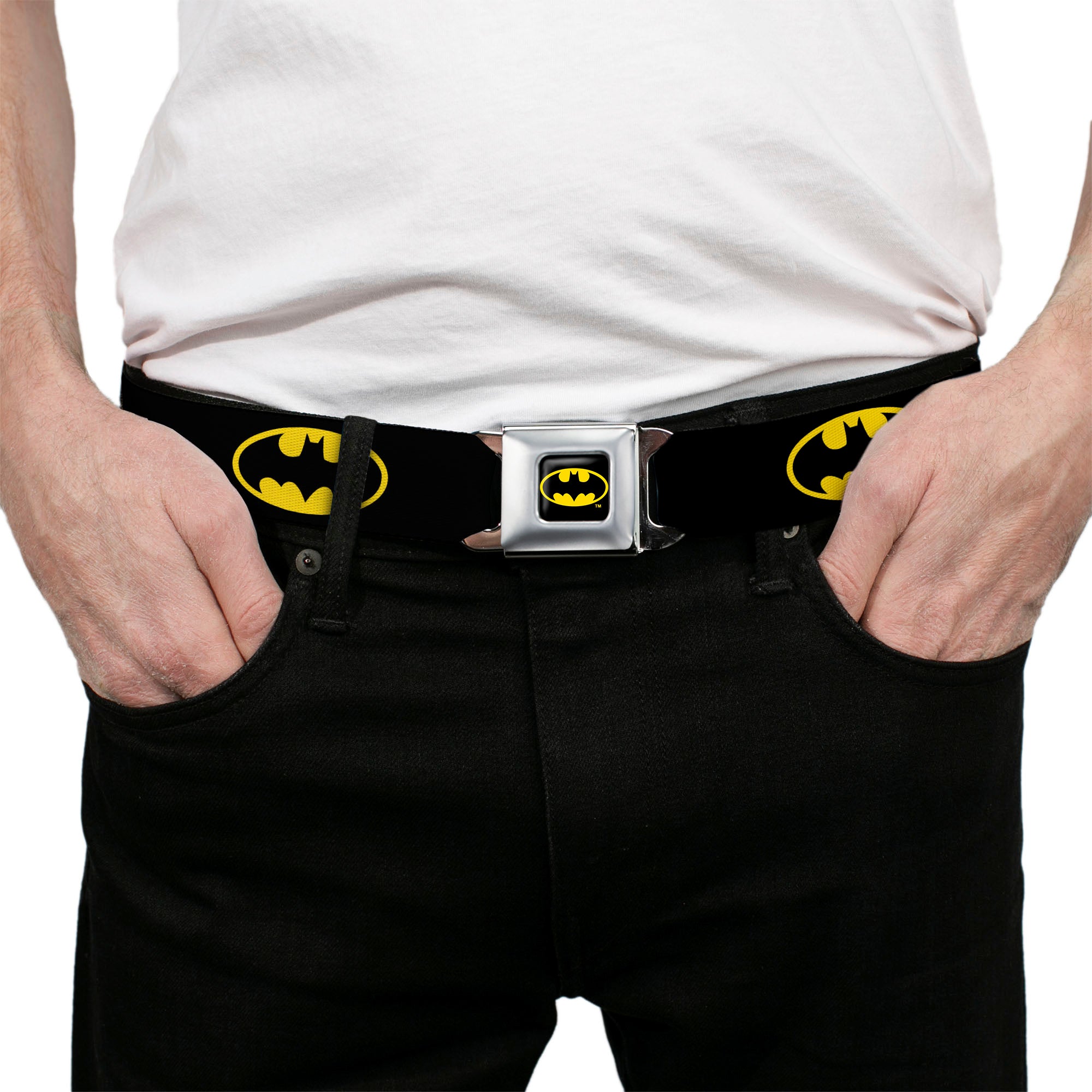 Batman Full Color Black/Yellow Seatbelt Belt - Batman Shield Black/Yellow Webbing Seatbelt Belts DC Comics