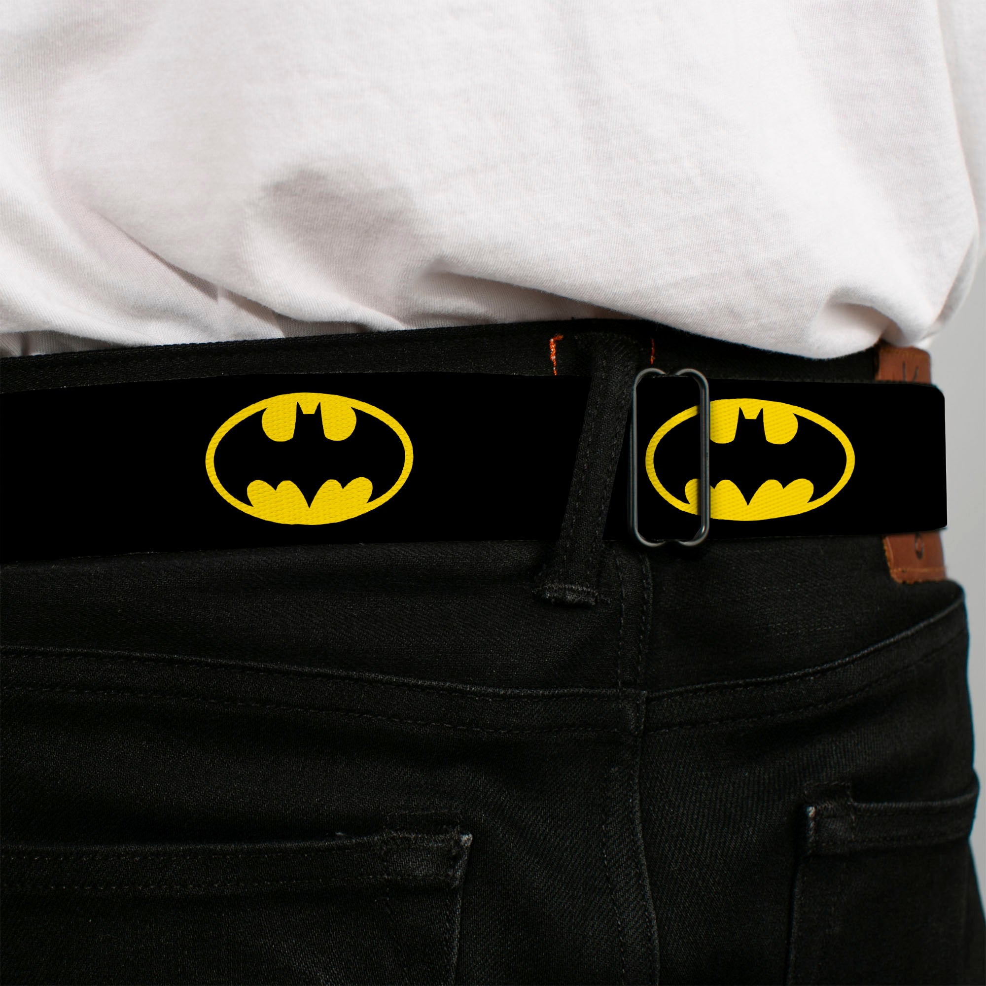 Batman Full Color Black/Yellow Seatbelt Belt - Batman Shield Black/Yellow Webbing Seatbelt Belts DC Comics