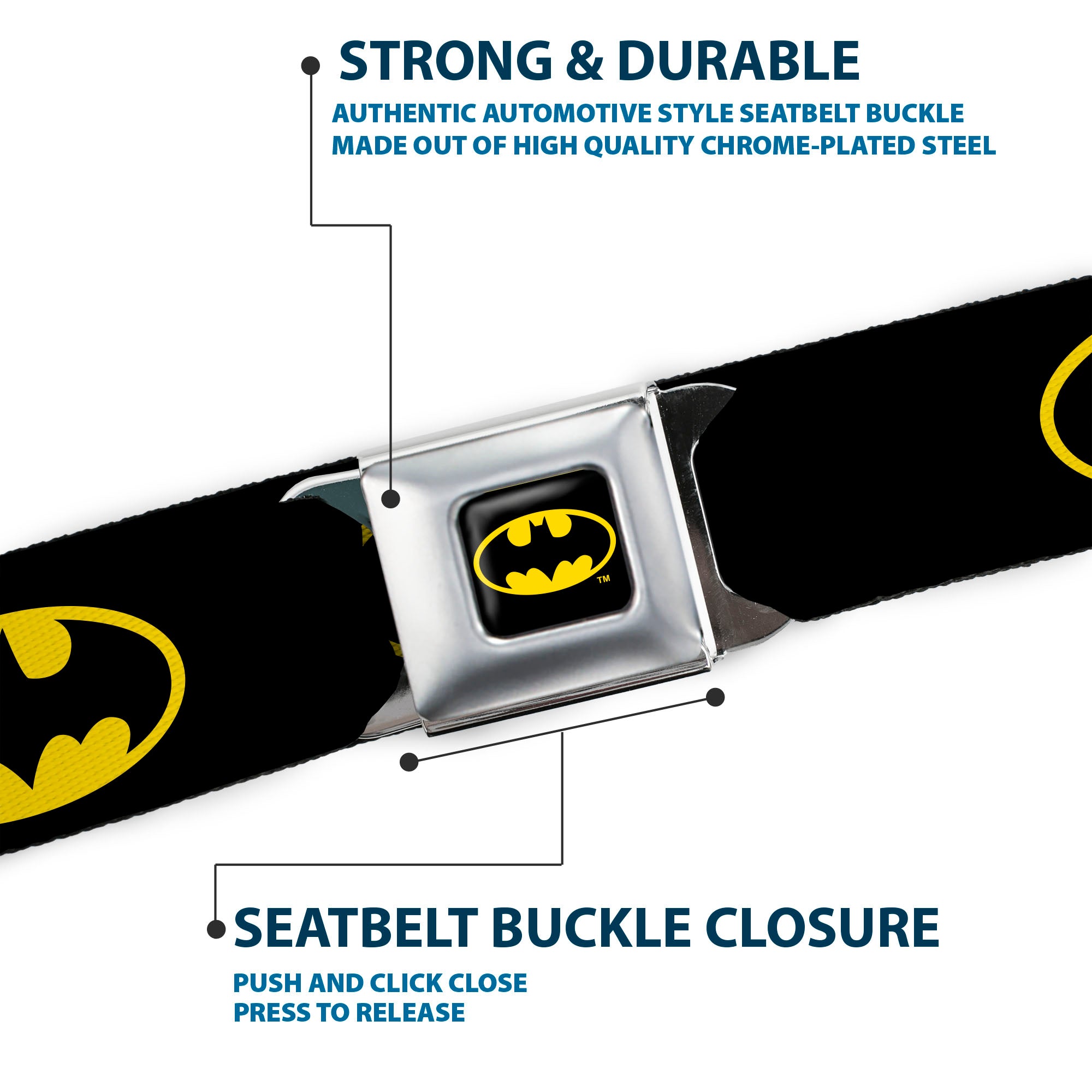 Batman Full Color Black/Yellow Seatbelt Belt - Batman Shield Black/Yellow Webbing Seatbelt Belts DC Comics