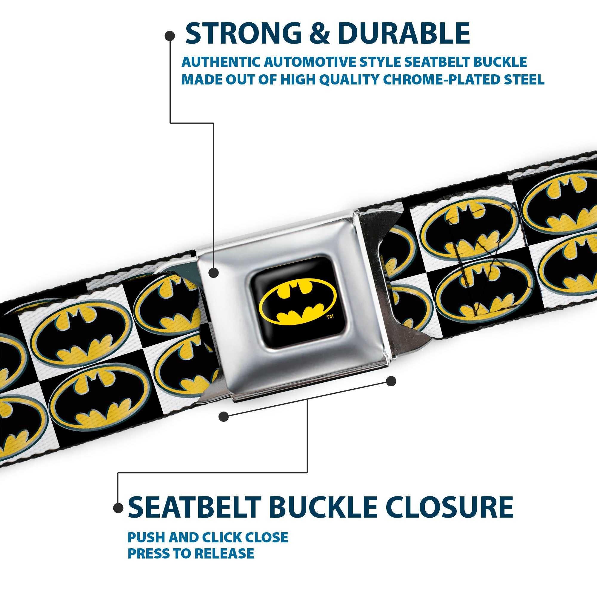 Batman Full Color Black Yellow Seatbelt Belt - Batman Shield Checkers Webbing Seatbelt Belts DC Comics