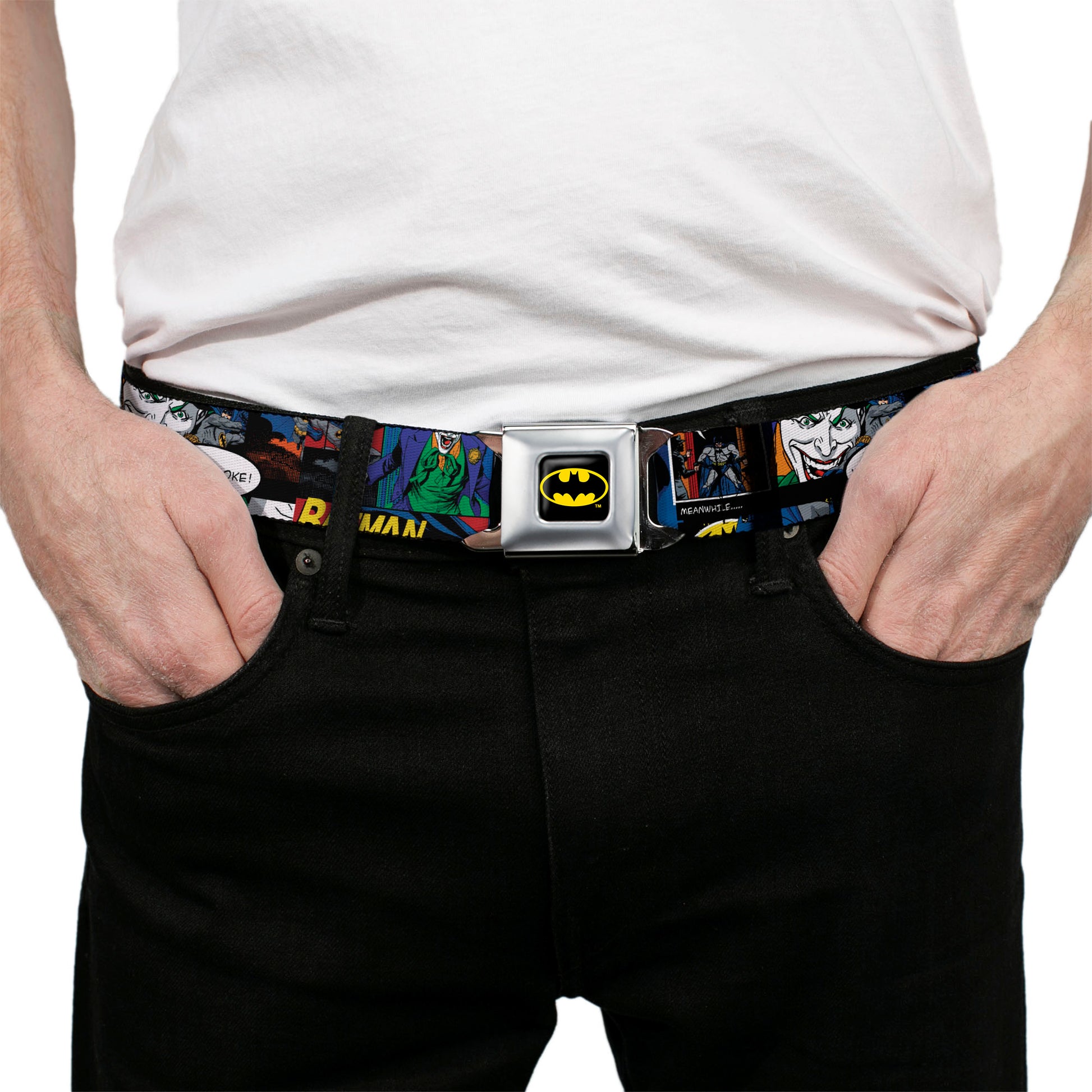 Batman Full Color Black Yellow Seatbelt Belt - Batman & Joker Comic Strip Webbing Seatbelt Belts DC Comics
