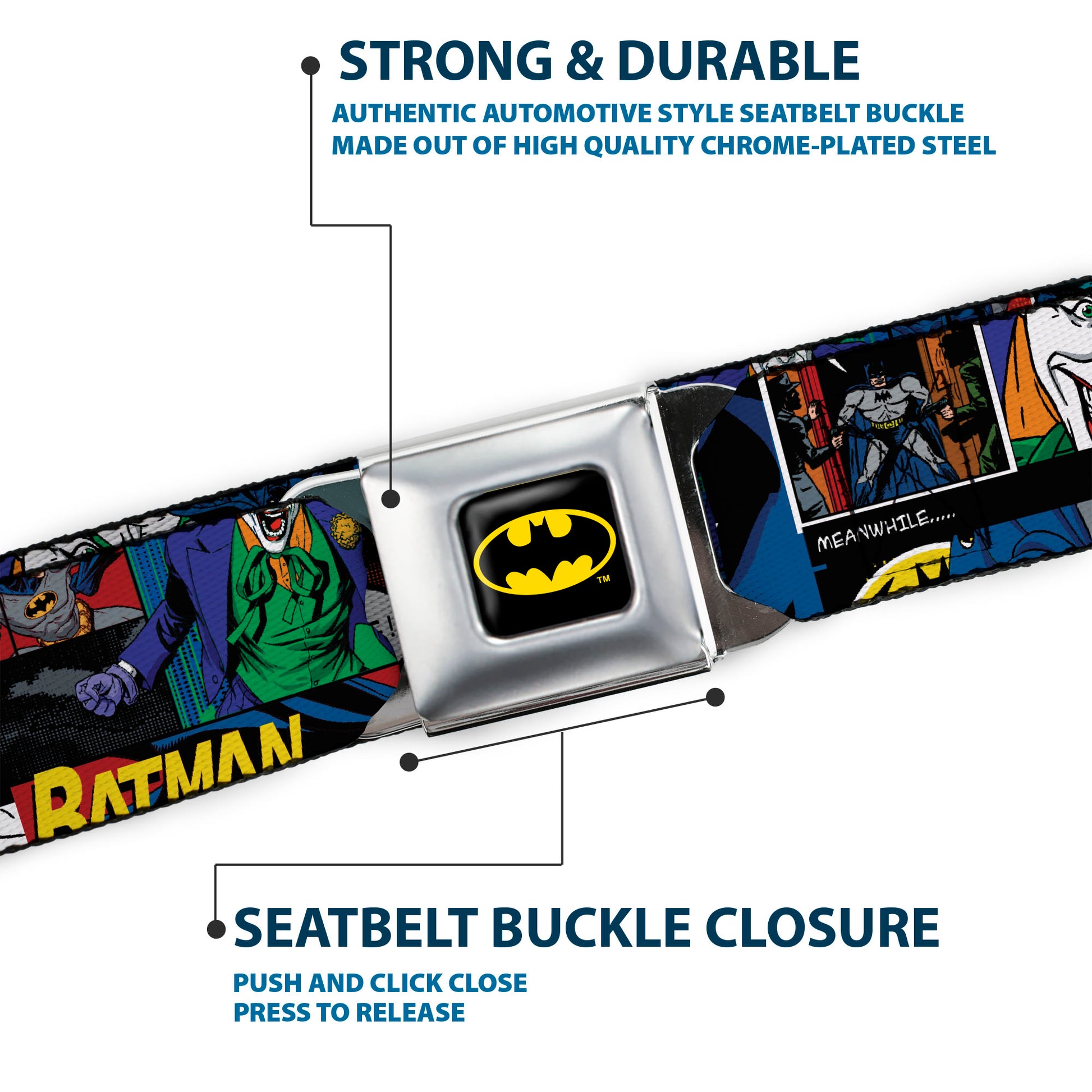 Batman Full Color Black Yellow Seatbelt Belt - Batman & Joker Comic Strip Webbing Seatbelt Belts DC Comics