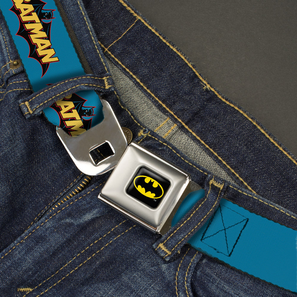 Batman Full Color Black Yellow Seatbelt Belt - Vintage Batman Logo Blue Webbing Seatbelt Belts DC Comics