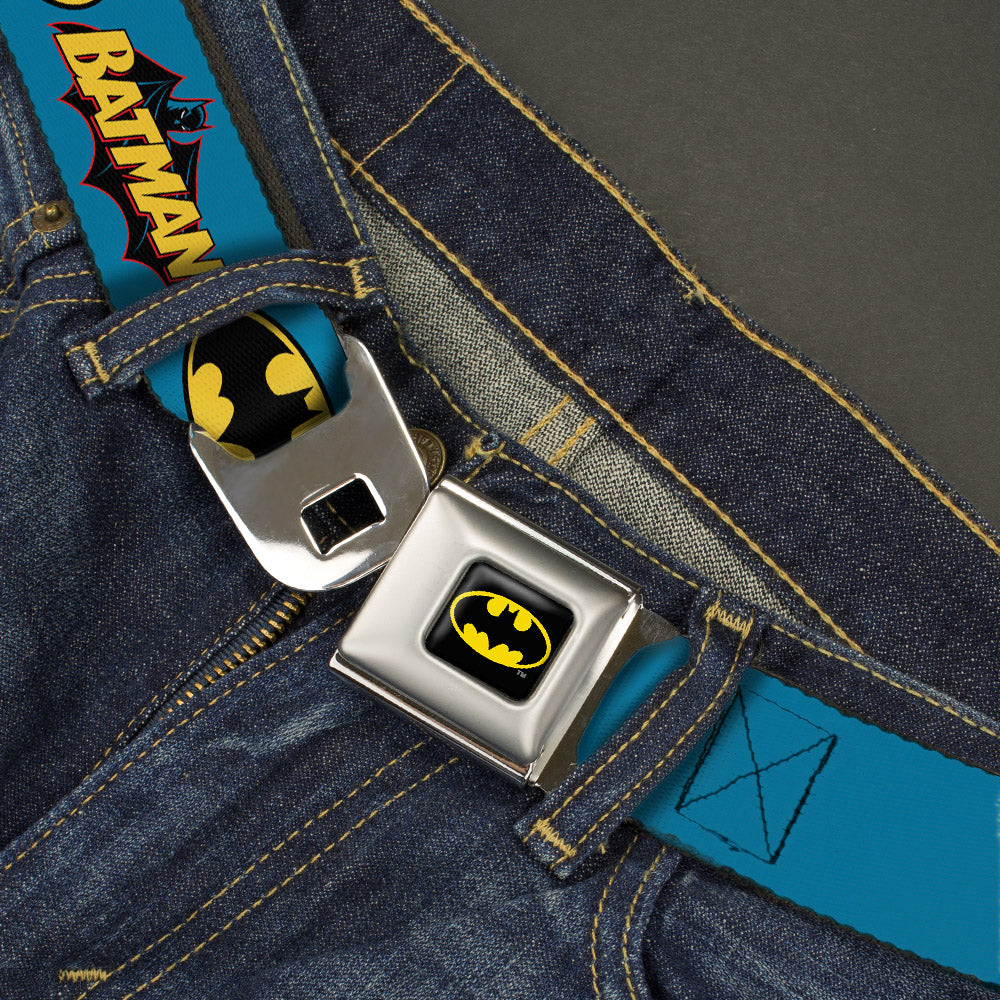Batman Full Color Black Yellow Seatbelt Belt - Vintage Batman Logo & Bat Signal Blue Webbing Seatbelt Belts DC Comics