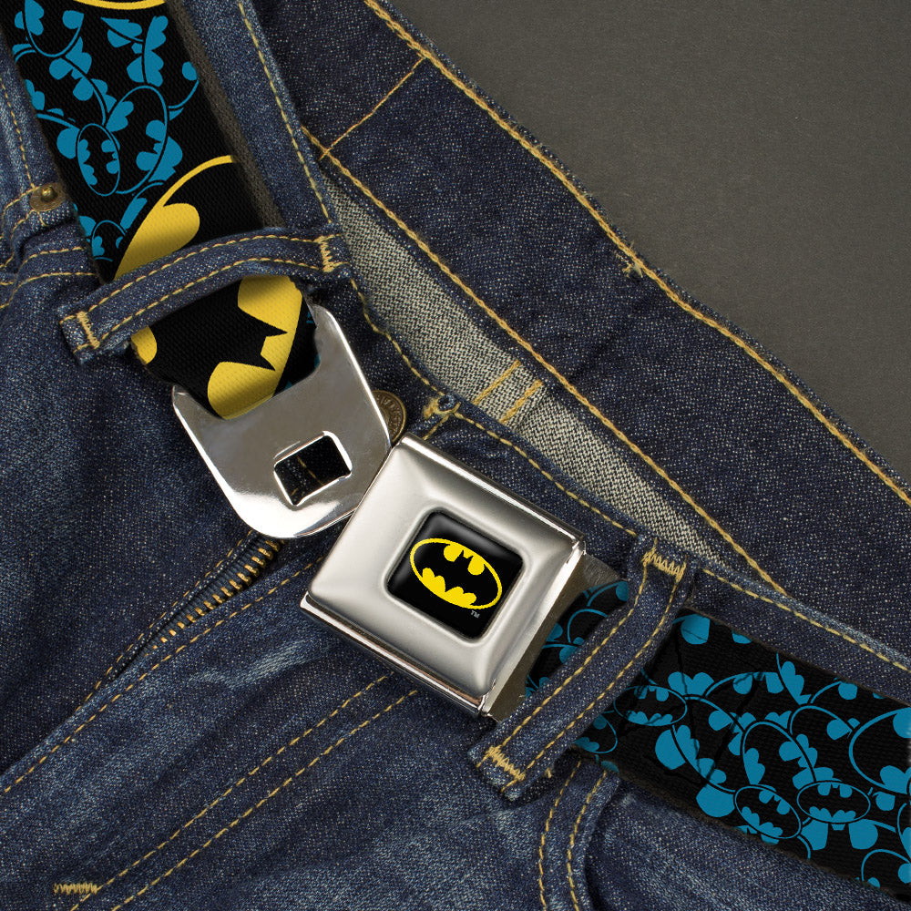 Batman Full Color Black Yellow Seatbelt Belt - Bat Signals Stacked w/CLOSE-UP Blue/Black/Yellow Webbing Seatbelt Belts DC Comics