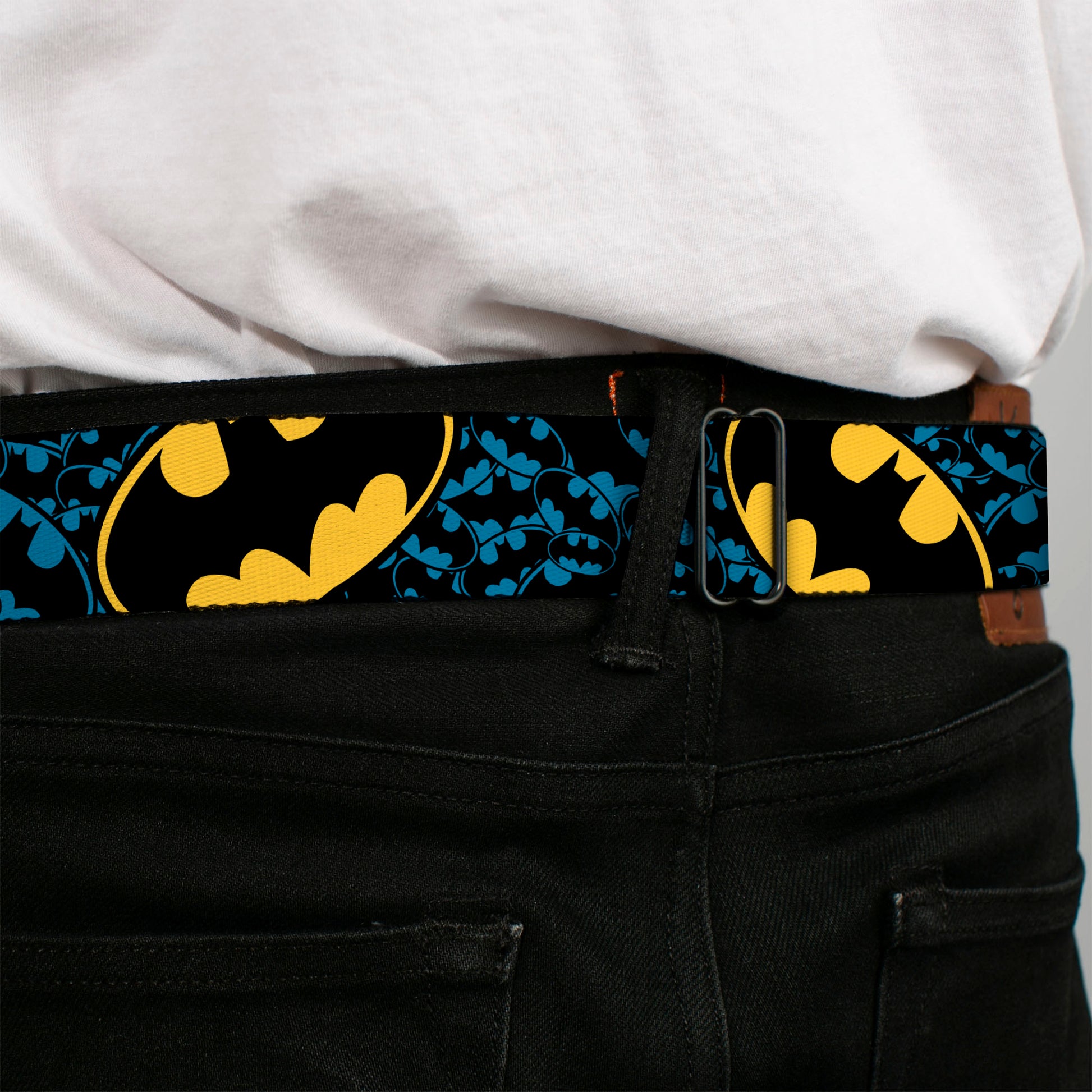 Batman Full Color Black Yellow Seatbelt Belt - Bat Signals Stacked w/CLOSE-UP Blue/Black/Yellow Webbing Seatbelt Belts DC Comics