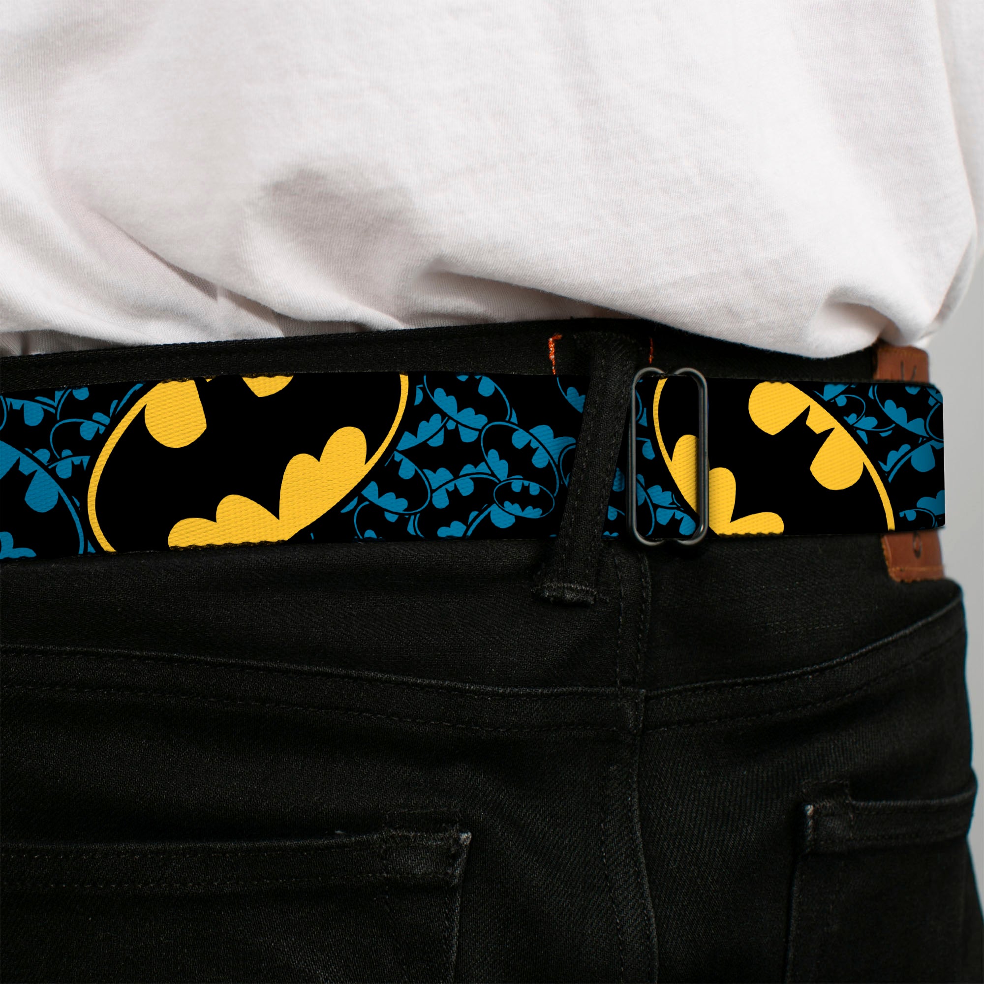 Batman Full Color Black Yellow Seatbelt Belt - Bat Signals Stacked w/CLOSE-UP Blue/Black/Yellow Webbing Seatbelt Belts DC Comics