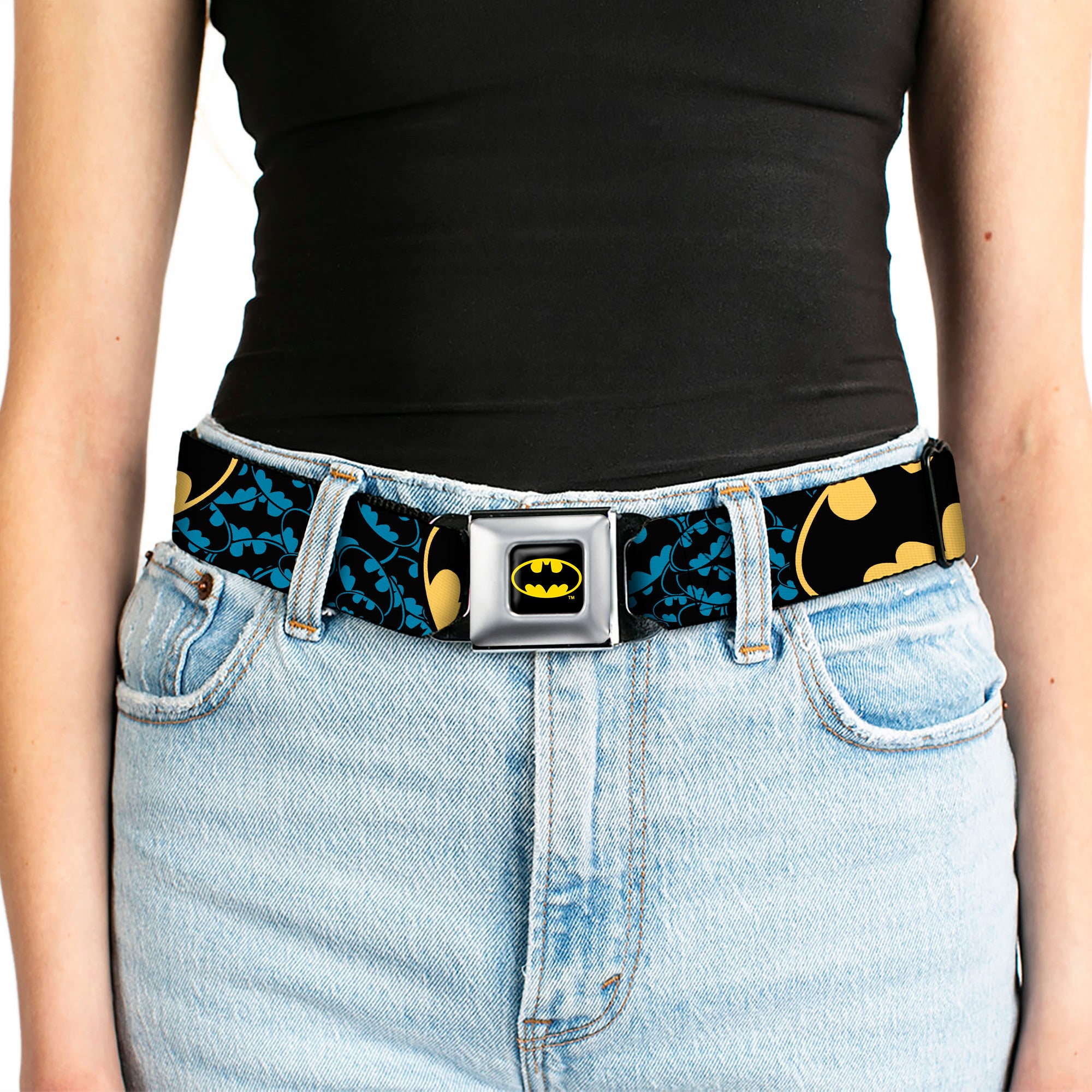 Batman Full Color Black Yellow Seatbelt Belt - Bat Signals Stacked w/CLOSE-UP Blue/Black/Yellow Webbing Seatbelt Belts DC Comics