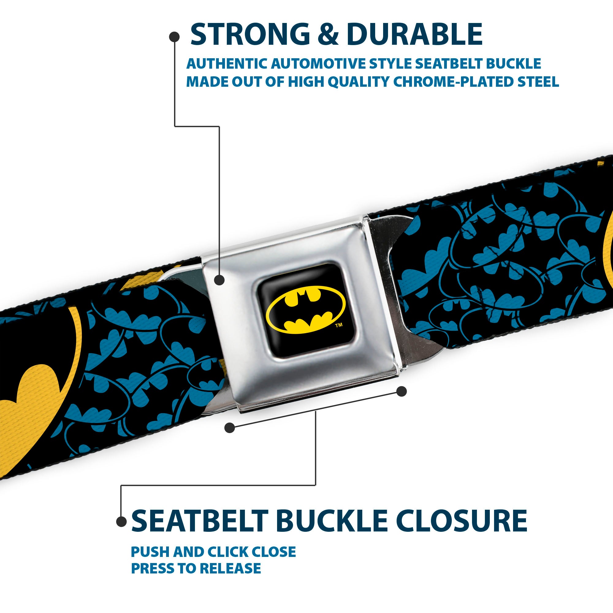 Batman Full Color Black Yellow Seatbelt Belt - Bat Signals Stacked w/CLOSE-UP Blue/Black/Yellow Webbing Seatbelt Belts DC Comics