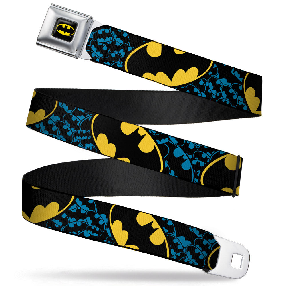 Batman Full Color Black Yellow Seatbelt Belt - Bat Signals Stacked w/CLOSE-UP Blue/Black/Yellow Webbing Seatbelt Belts DC Comics