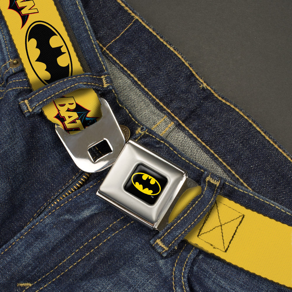 Batman Full Color Black Yellow Seatbelt Belt - Vintage Batman Logo & Bat Signal-3 Yellow Webbing Seatbelt Belts DC Comics