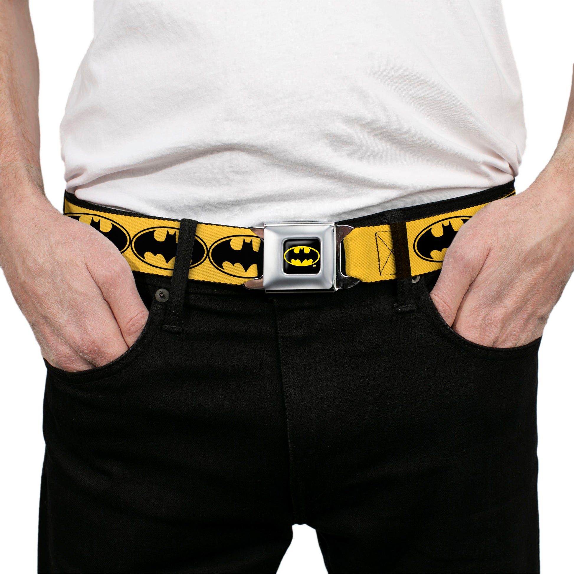 Batman Full Color Black Yellow Seatbelt Belt - Bat Signal-3 Yellow/Black/Yellow Webbing Seatbelt Belts DC Comics