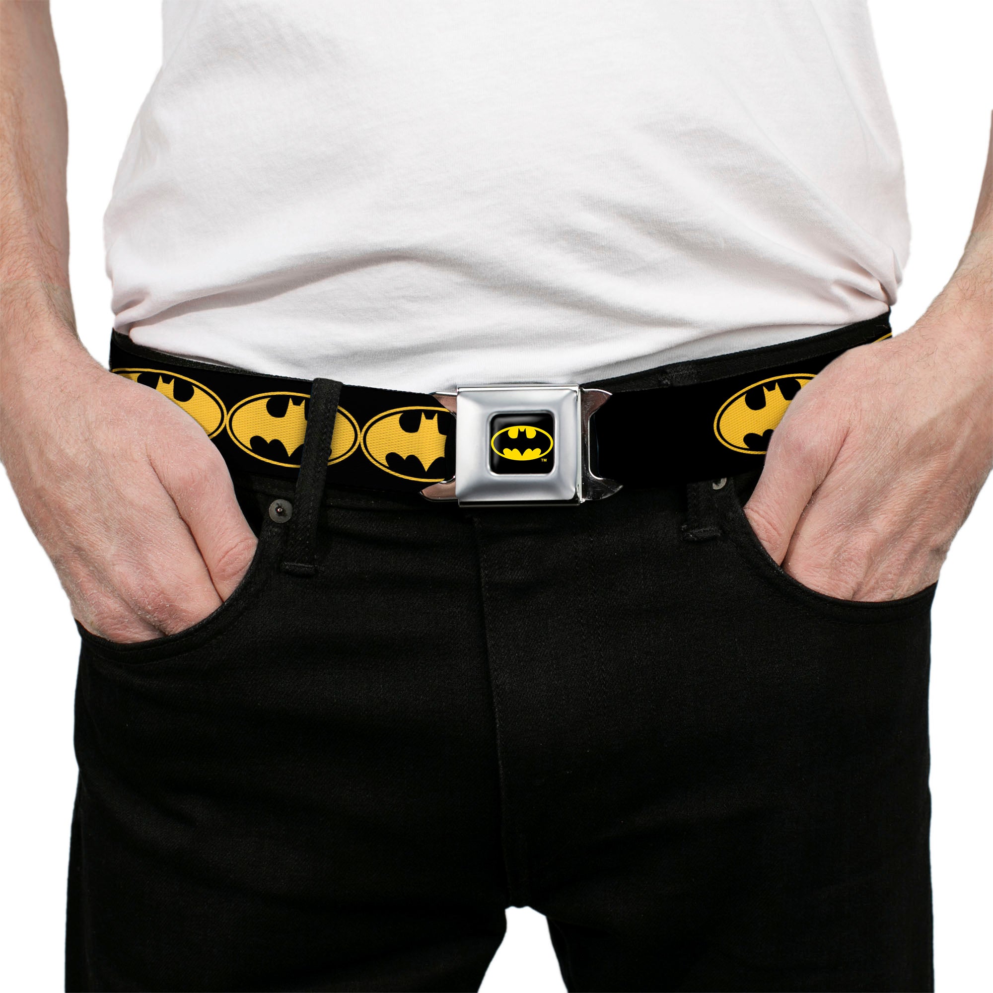 Batman Full Color Black Yellow Seatbelt Belt - Bat Signal-3 Black/Yellow/Black Webbing Seatbelt Belts DC Comics