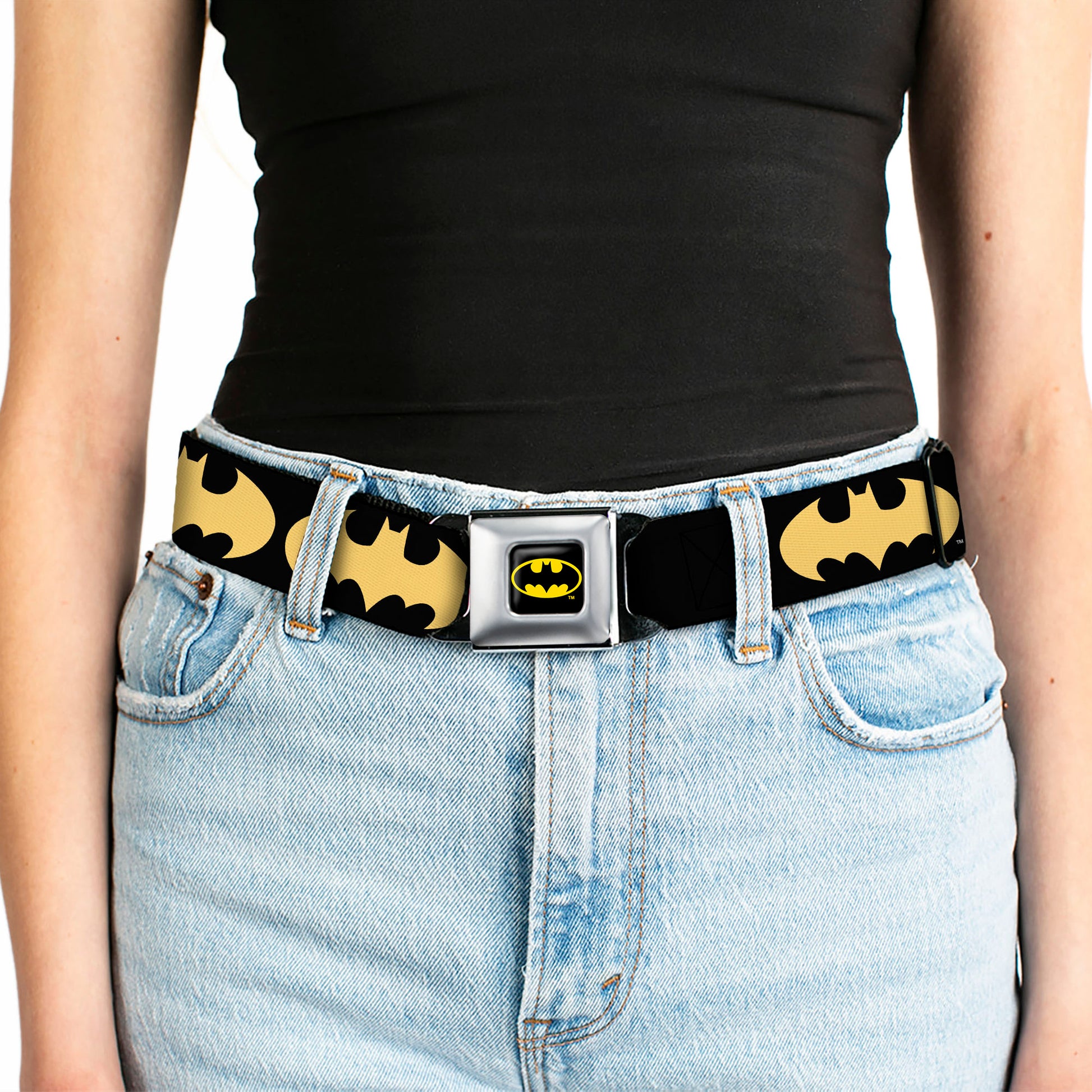 Batman Full Color Black Yellow Seatbelt Belt - Bat Signal-1 Black/Yellow Webbing Seatbelt Belts DC Comics