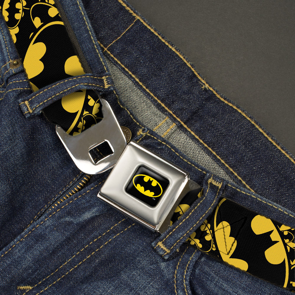Batman Full Color Black Yellow Seatbelt Belt - Bat Signals Stacked w/CLOSE-UP Yellow/Black Webbing Seatbelt Belts DC Comics
