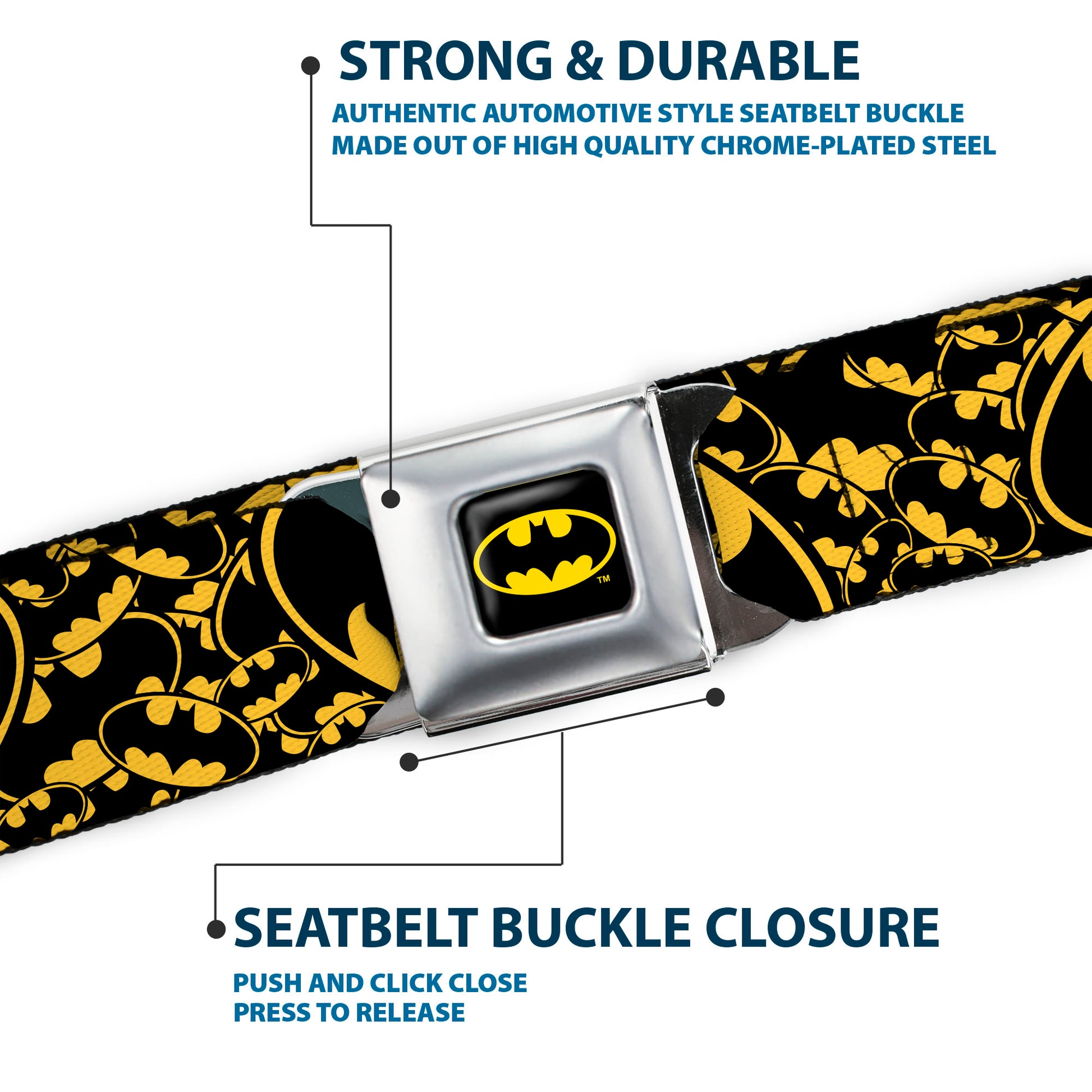 Batman Full Color Black Yellow Seatbelt Belt - Bat Signals Stacked w/CLOSE-UP Yellow/Black Webbing Seatbelt Belts DC Comics