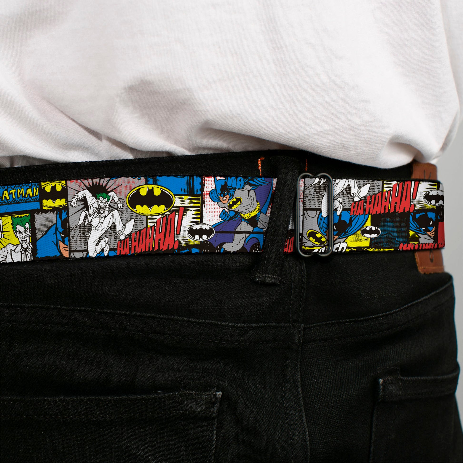 Batman Full Color Black Yellow Seatbelt Belt - Batman & Joker Comic Blocks Webbing Seatbelt Belts DC Comics