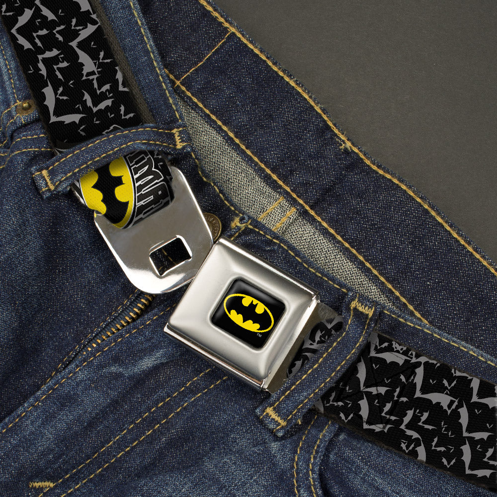 Batman Full Color Black Yellow Seatbelt Belt - BATMAN w/Bat Shield & Flying Bats Black/Gray Webbing Seatbelt Belts DC Comics