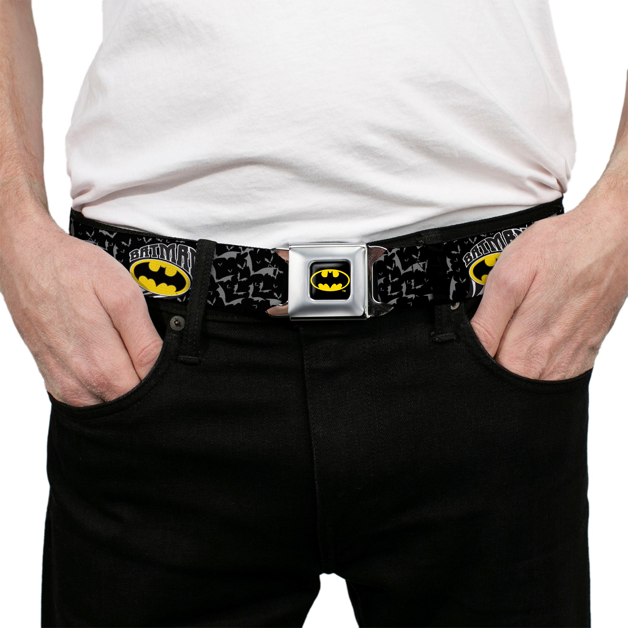 Batman Full Color Black Yellow Seatbelt Belt - BATMAN w/Bat Shield & Flying Bats Black/Gray Webbing Seatbelt Belts DC Comics