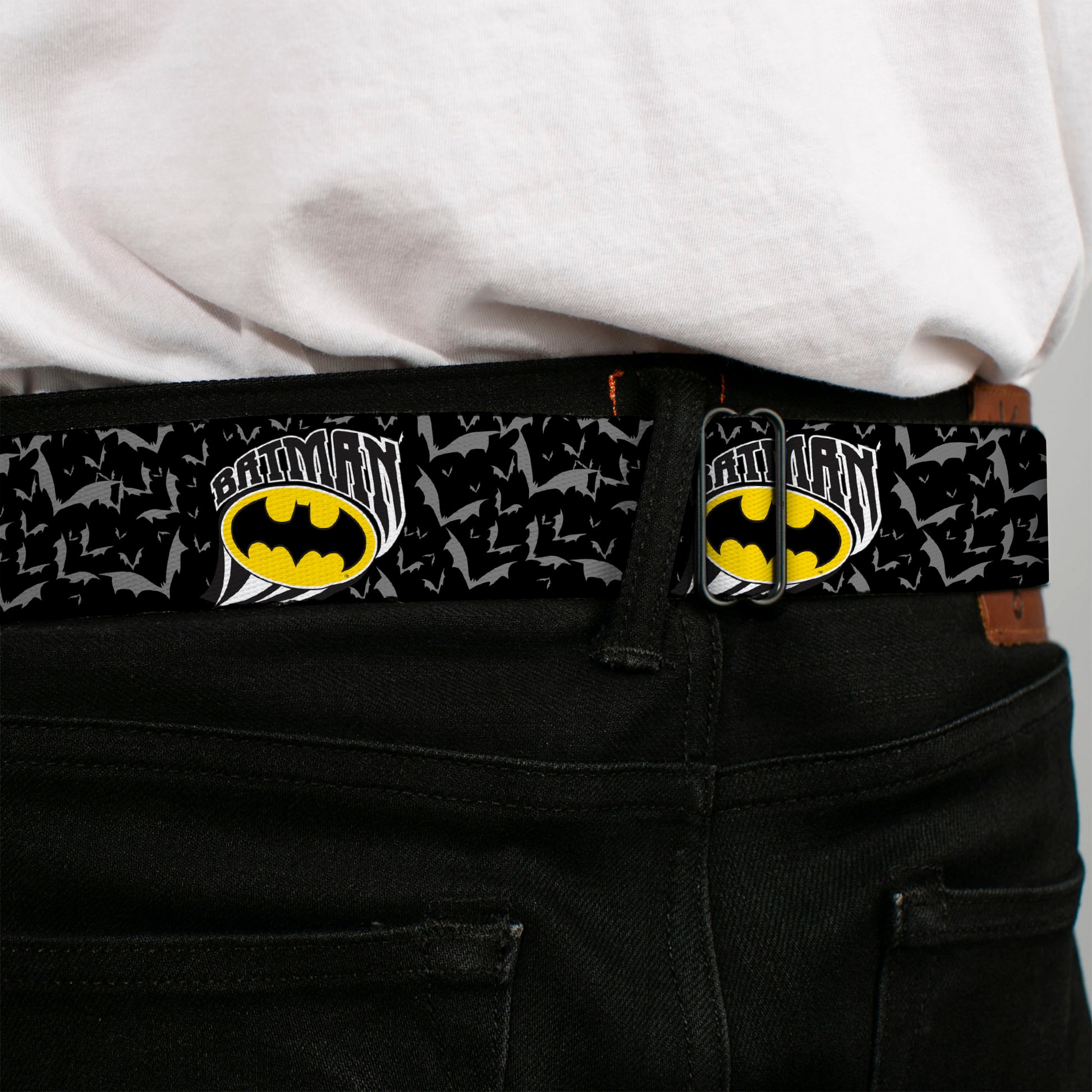 Batman Full Color Black Yellow Seatbelt Belt - BATMAN w/Bat Shield & Flying Bats Black/Gray Webbing Seatbelt Belts DC Comics