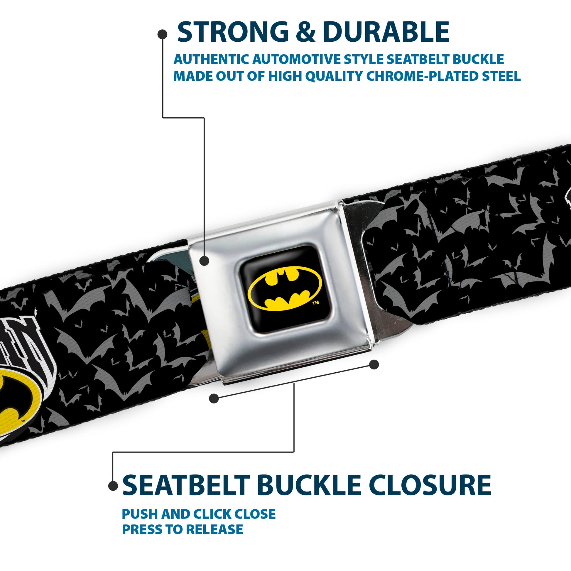 Batman Full Color Black Yellow Seatbelt Belt - BATMAN w/Bat Shield & Flying Bats Black/Gray Webbing Seatbelt Belts DC Comics