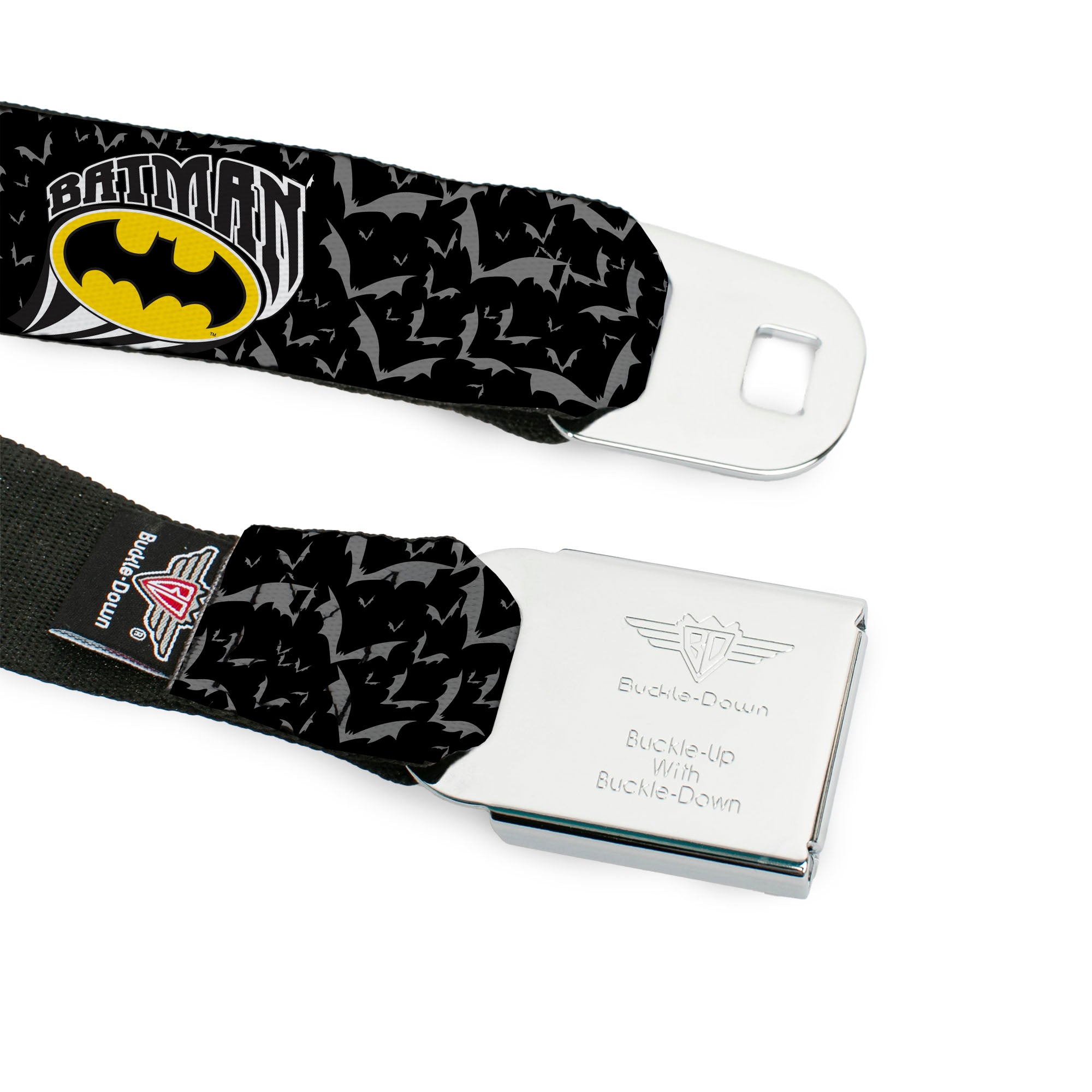 Batman Full Color Black Yellow Seatbelt Belt - BATMAN w/Bat Shield & Flying Bats Black/Gray Webbing Seatbelt Belts DC Comics