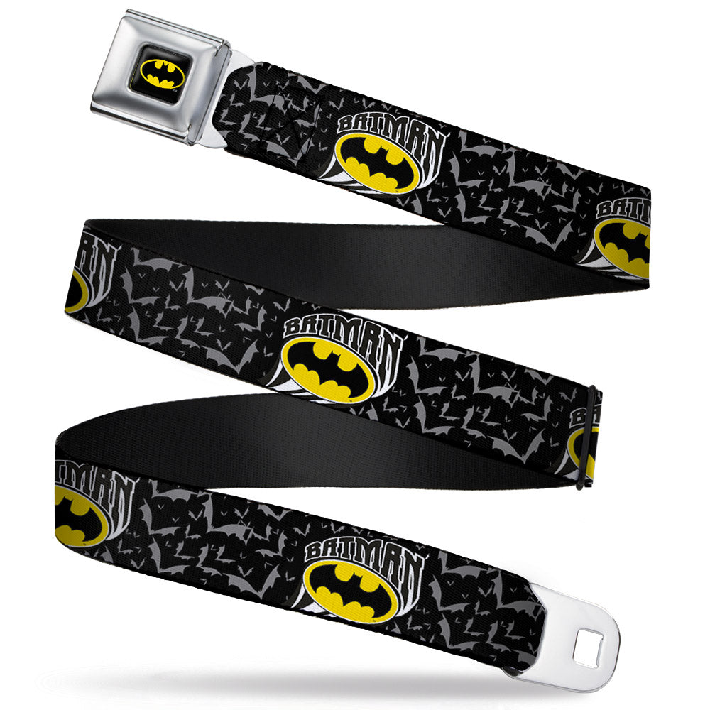 Batman Full Color Black Yellow Seatbelt Belt - BATMAN w/Bat Shield & Flying Bats Black/Gray Webbing Seatbelt Belts DC Comics