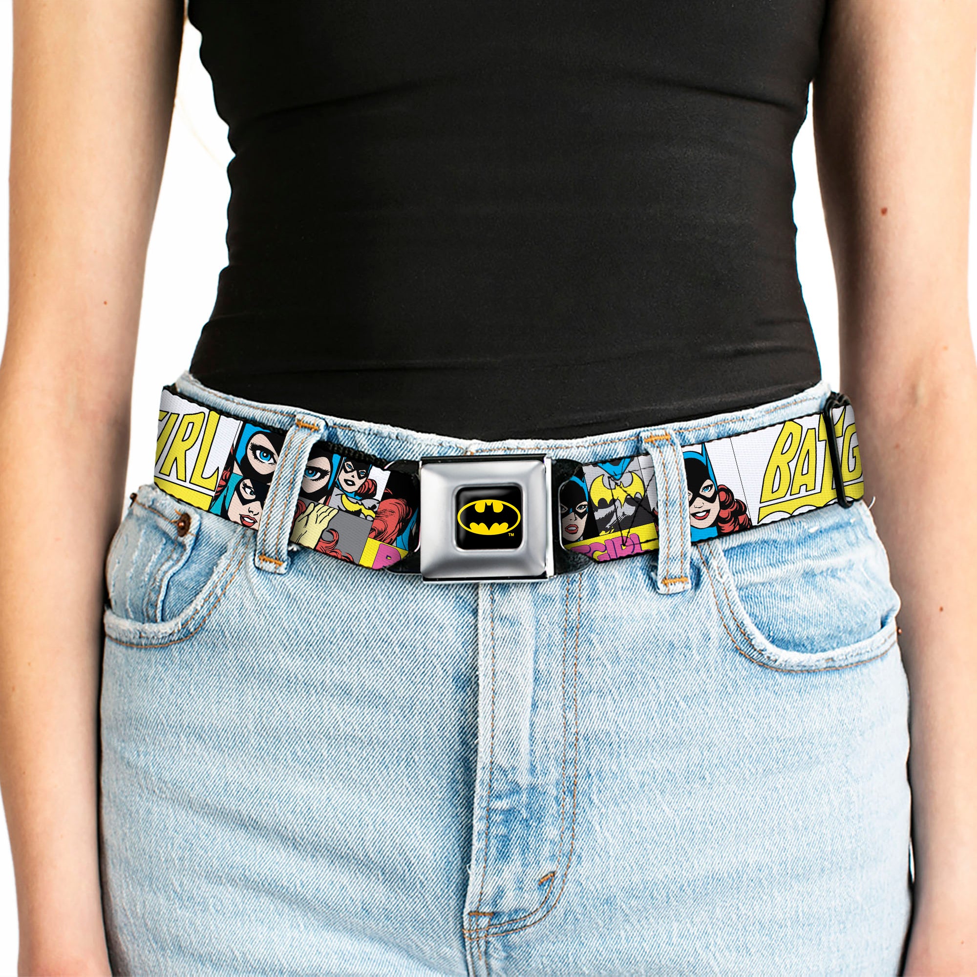 Batman Full Color Black Yellow Seatbelt Belt - BATGIRL Panels Yellow/Pink Webbing Seatbelt Belts DC Comics