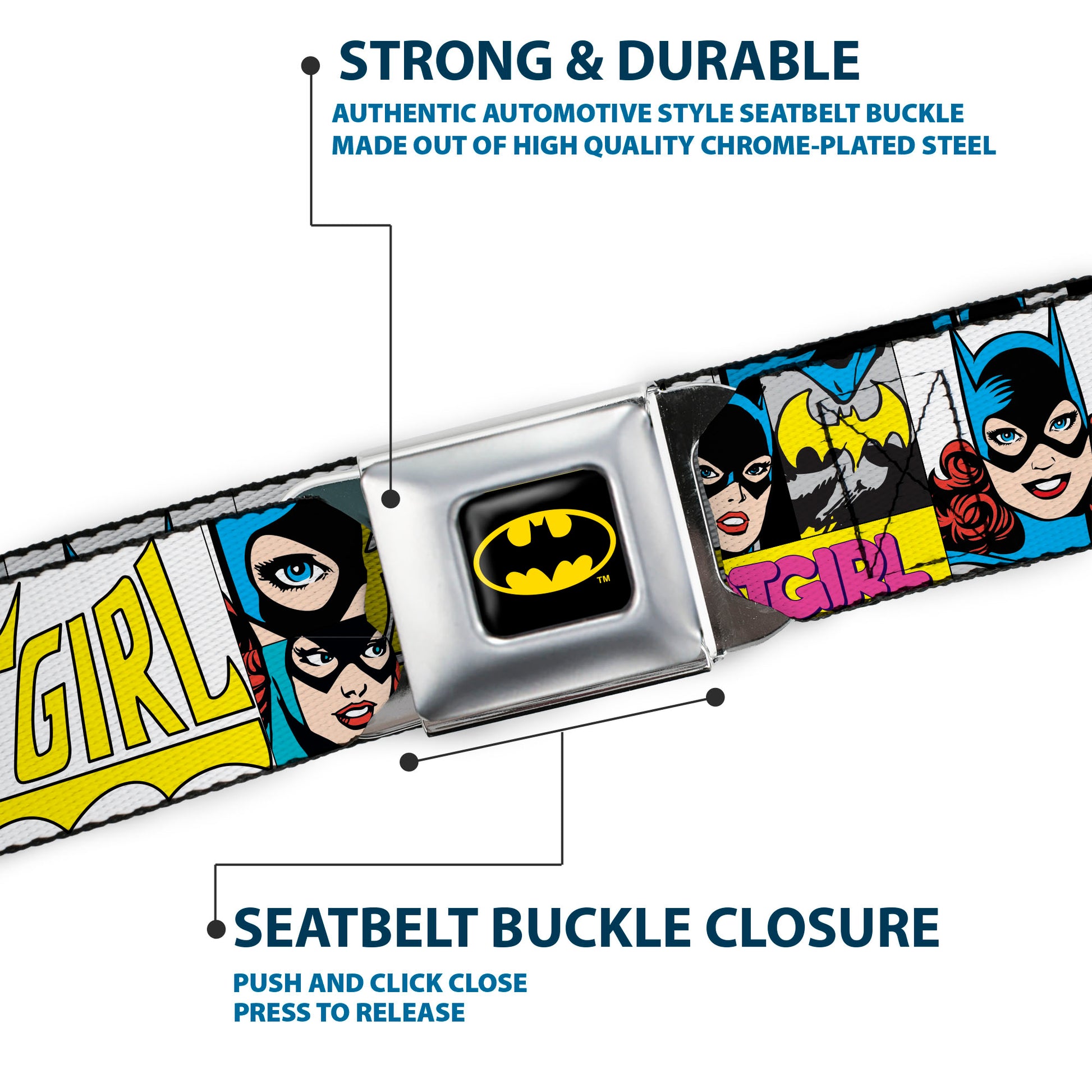Batman Full Color Black Yellow Seatbelt Belt - BATGIRL Panels Yellow/Pink Webbing Seatbelt Belts DC Comics