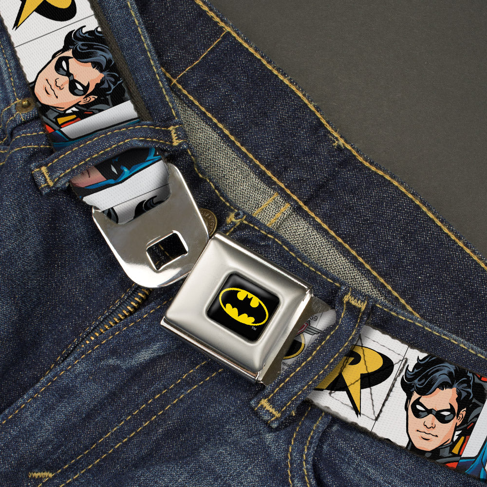 Batman Full Color Black Yellow Seatbelt Belt - Batman & Robin Blocks White Webbing Seatbelt Belts DC Comics