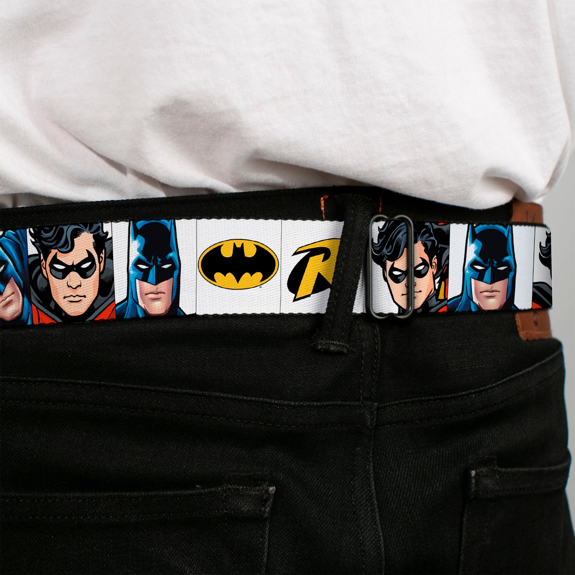 Batman Full Color Black Yellow Seatbelt Belt - Batman & Robin Blocks White Webbing Seatbelt Belts DC Comics
