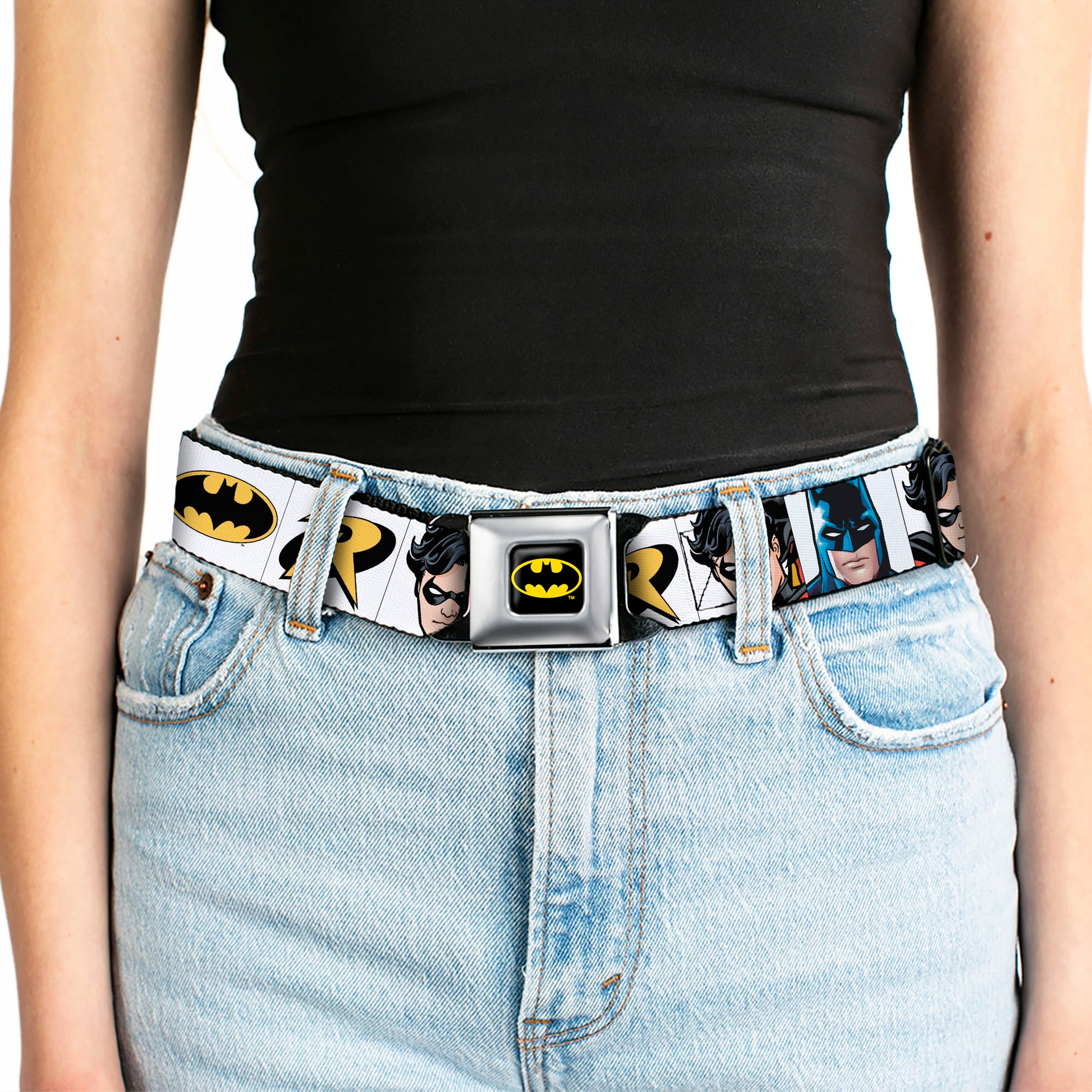 Batman Full Color Black Yellow Seatbelt Belt - Batman & Robin Blocks White Webbing Seatbelt Belts DC Comics