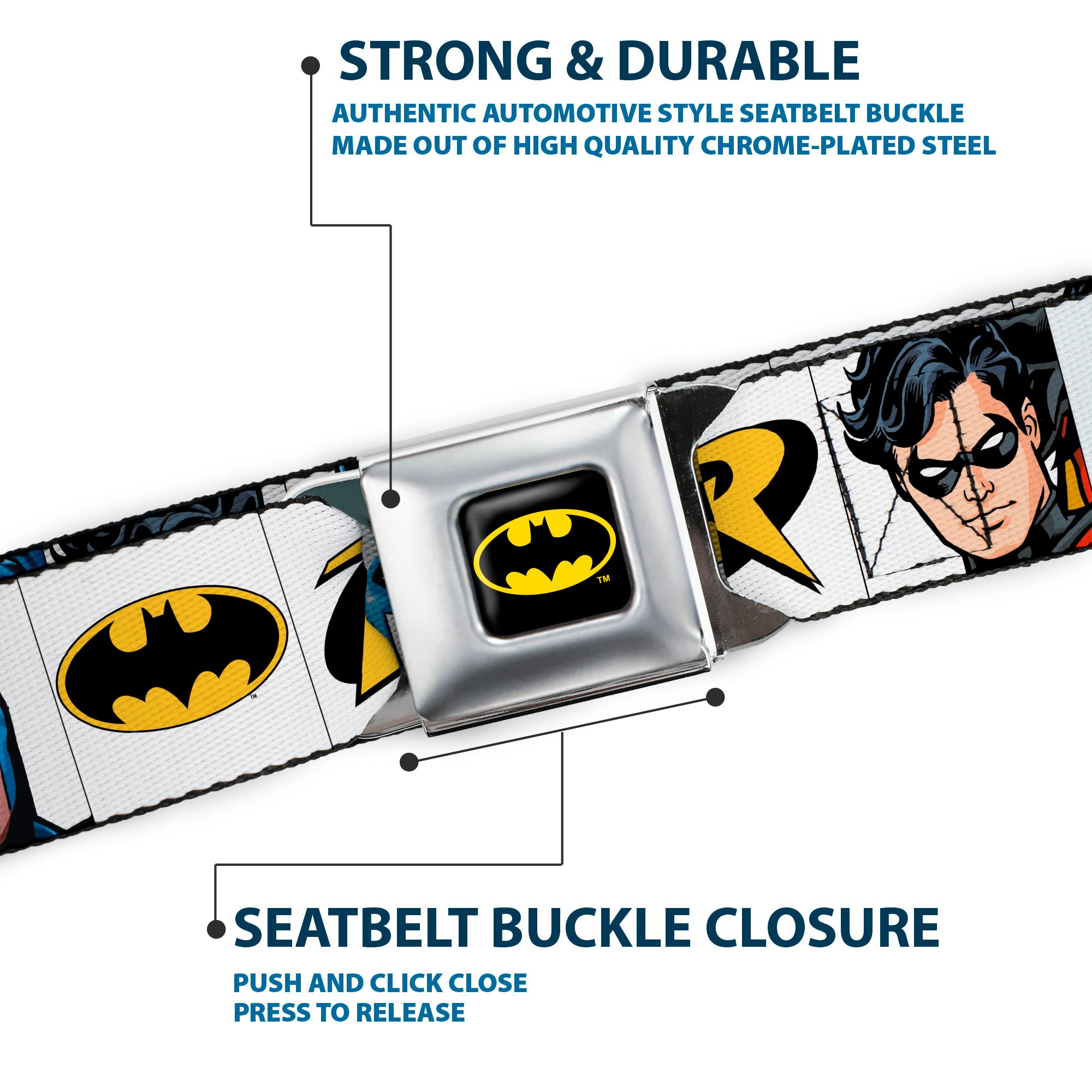Batman Full Color Black Yellow Seatbelt Belt - Batman & Robin Blocks White Webbing Seatbelt Belts DC Comics