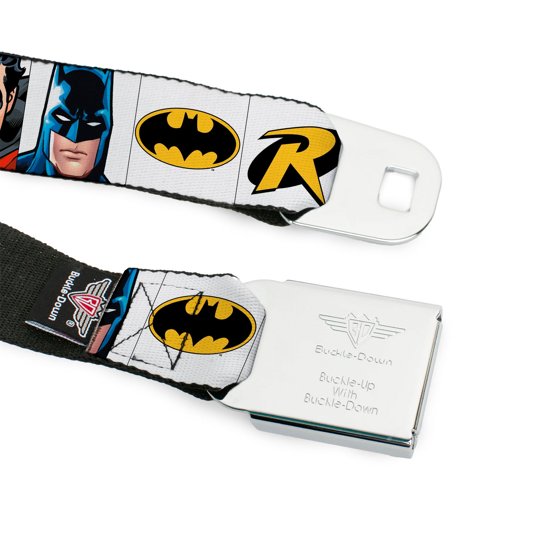 Batman Full Color Black Yellow Seatbelt Belt - Batman & Robin Blocks White Webbing Seatbelt Belts DC Comics