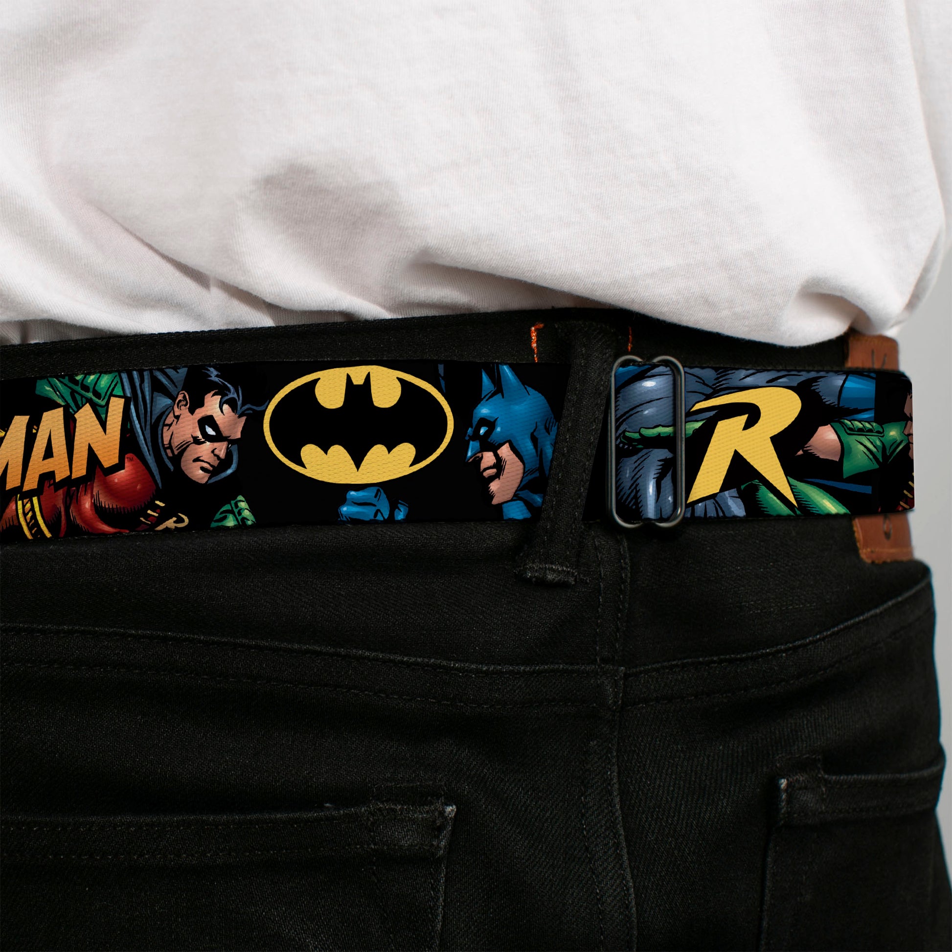 Batman Full Color Black Yellow Seatbelt Belt - Batman & Robin in Action w/Text Black Webbing Seatbelt Belts DC Comics