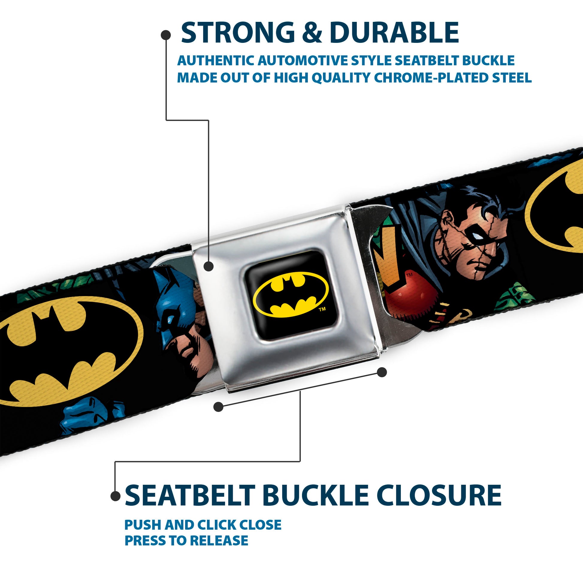 Batman Full Color Black Yellow Seatbelt Belt - Batman & Robin in Action w/Text Black Webbing Seatbelt Belts DC Comics