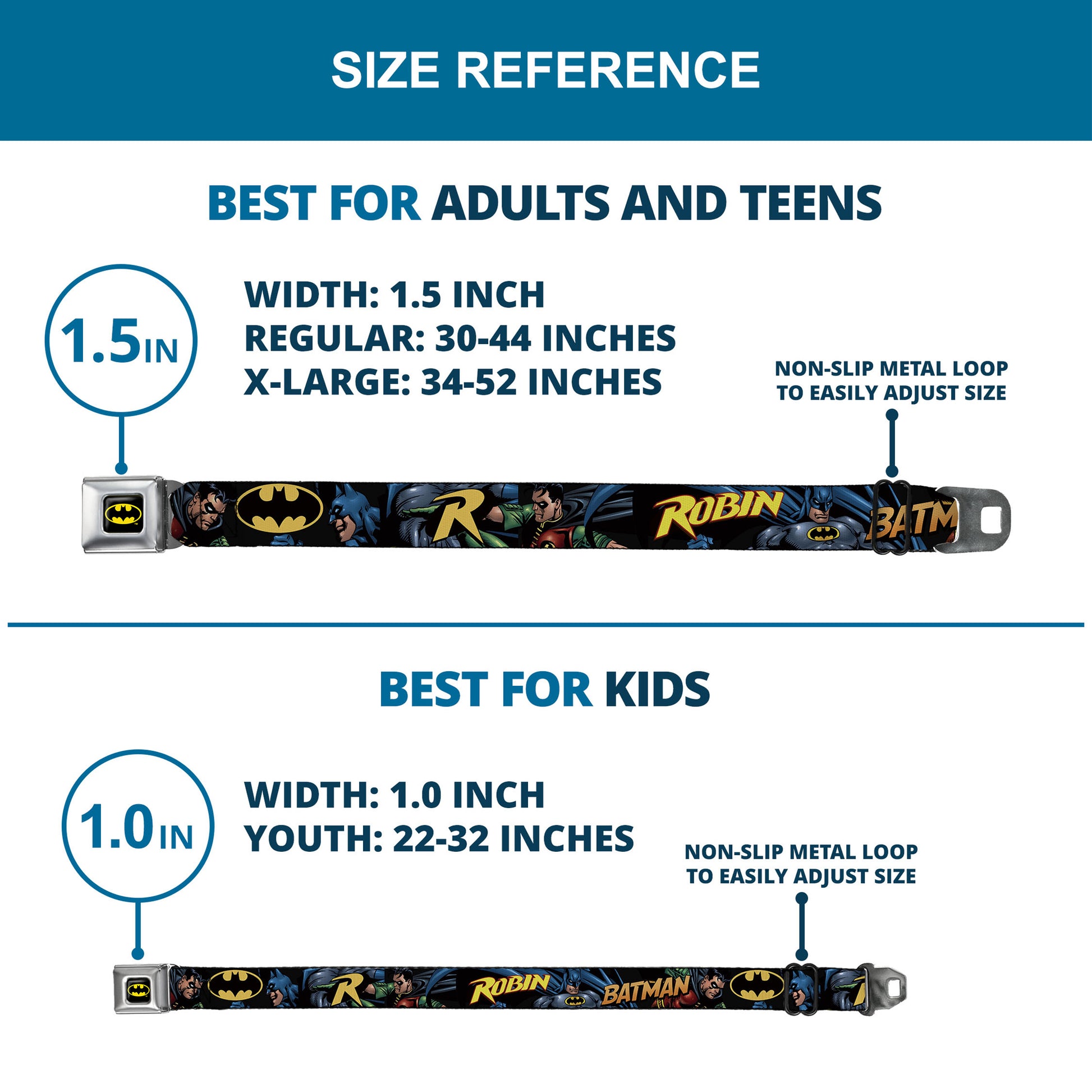 Batman Full Color Black Yellow Seatbelt Belt - Batman & Robin in Action w/Text Black Webbing Seatbelt Belts DC Comics