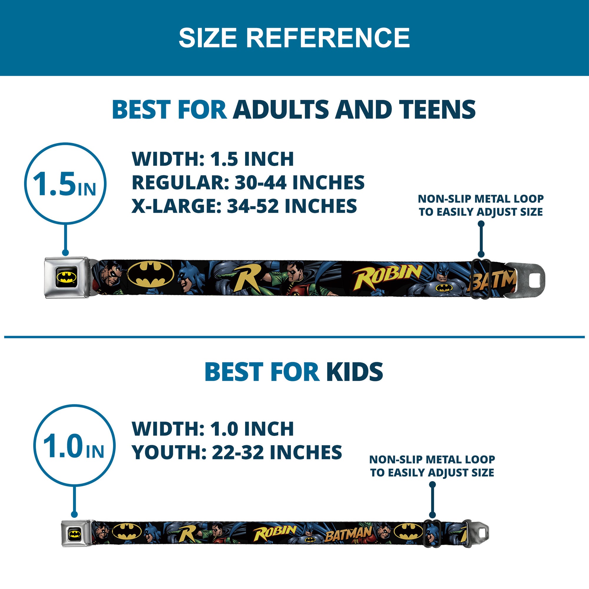 Batman Full Color Black Yellow Seatbelt Belt - Batman & Robin in Action w/Text Black Webbing Seatbelt Belts DC Comics