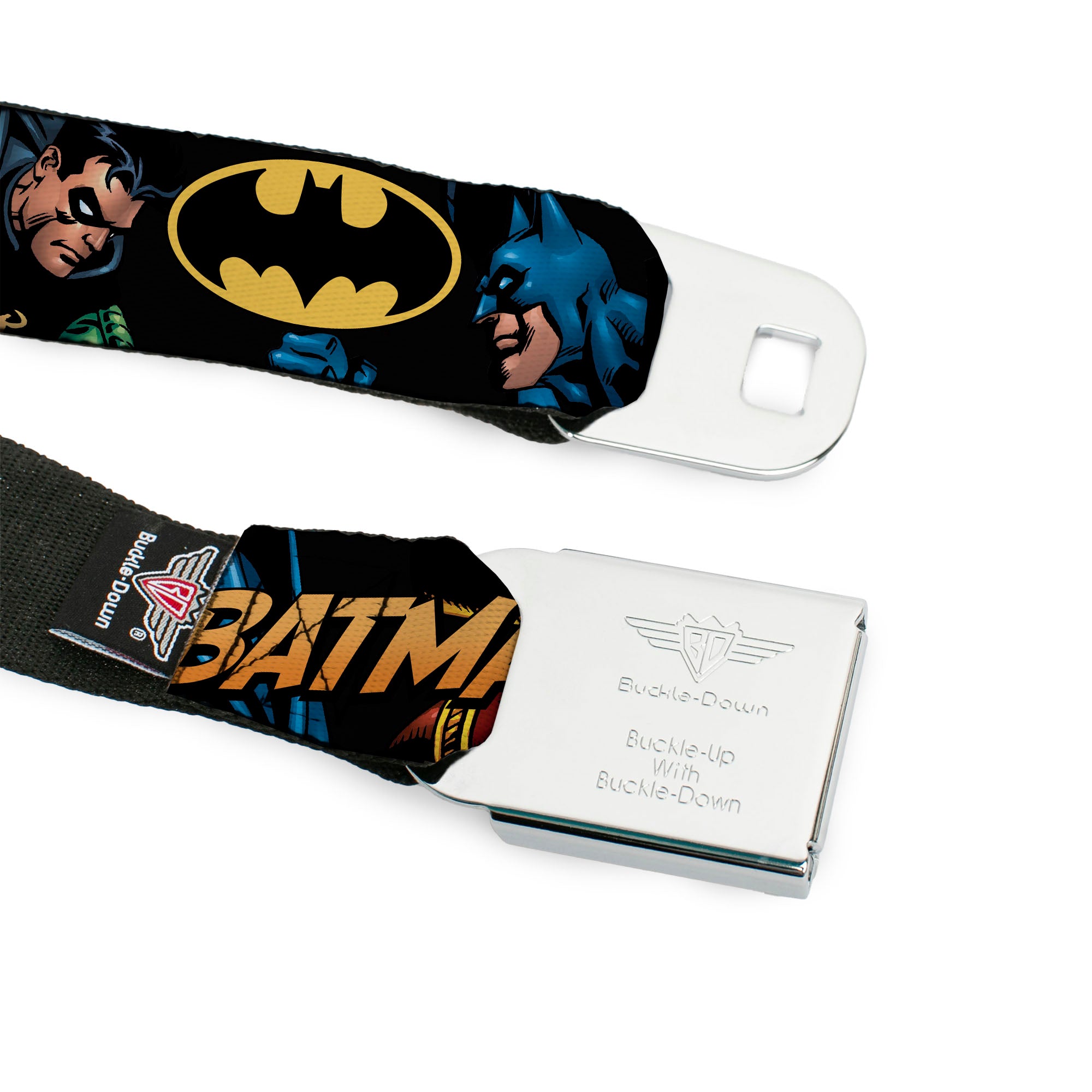 Batman Full Color Black Yellow Seatbelt Belt - Batman & Robin in Action w/Text Black Webbing Seatbelt Belts DC Comics