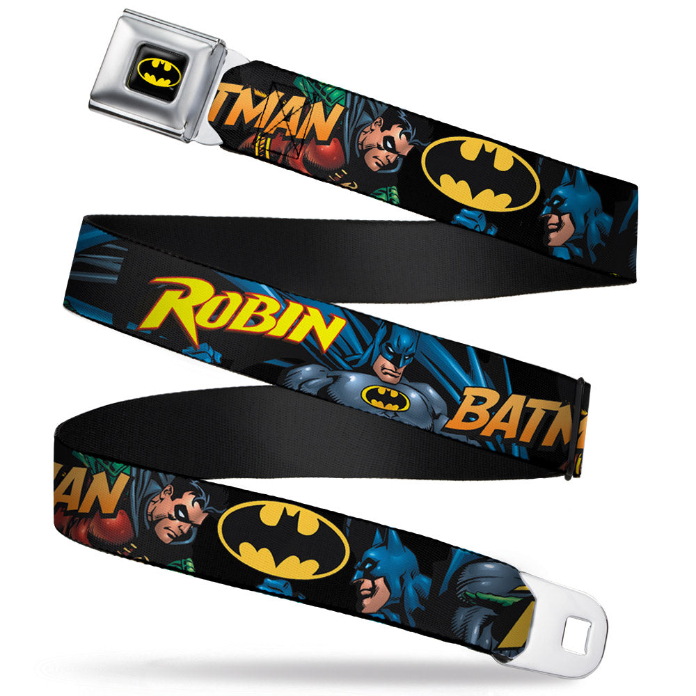 Batman Full Color Black Yellow Seatbelt Belt - Batman & Robin in Action w/Text Black Webbing Seatbelt Belts DC Comics