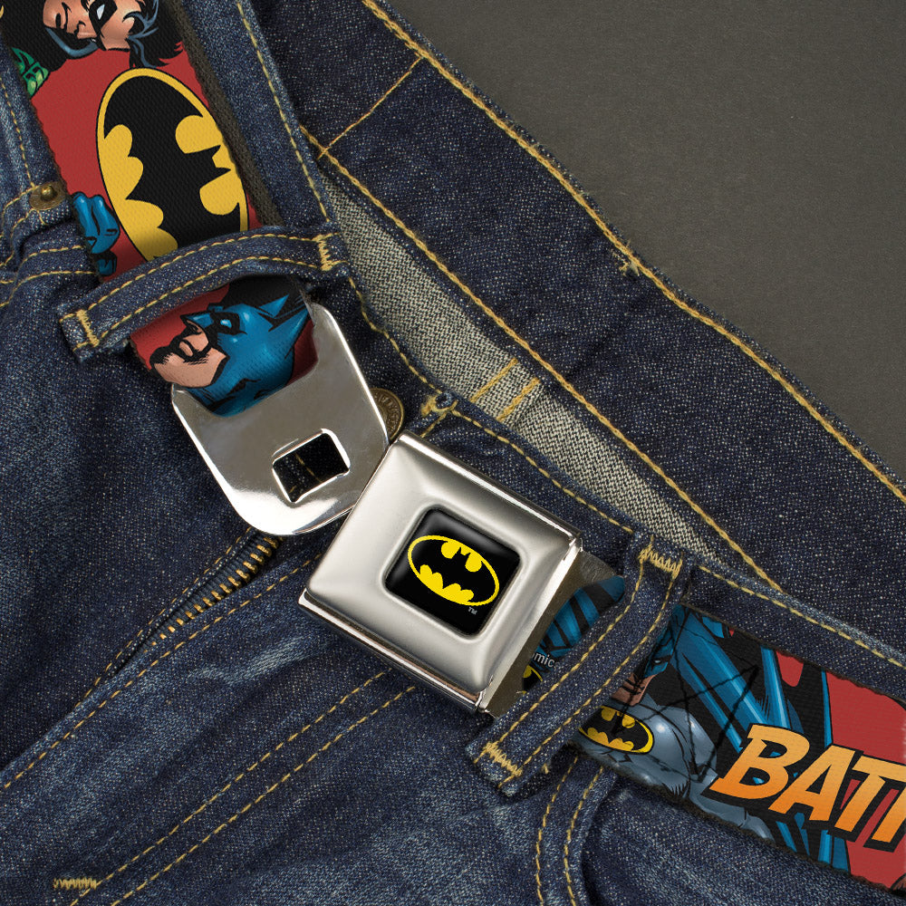 Batman Full Color Black Yellow Seatbelt Belt - Batman & Robin in Action w/Text Burgundy Webbing Seatbelt Belts DC Comics