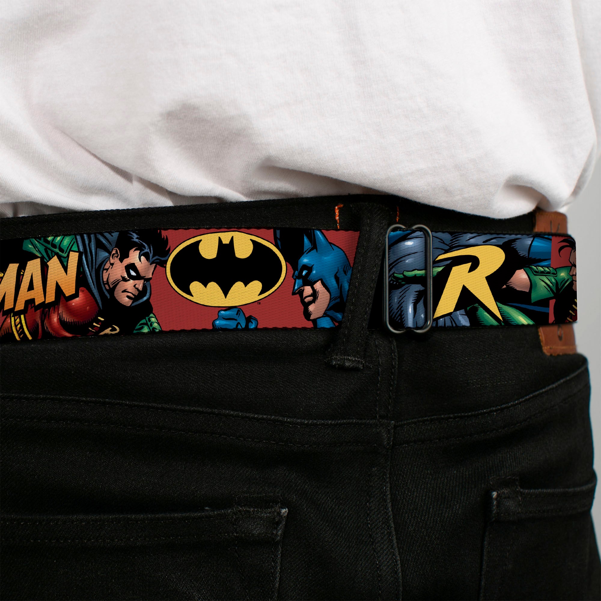 Batman Full Color Black Yellow Seatbelt Belt - Batman & Robin in Action w/Text Burgundy Webbing Seatbelt Belts DC Comics