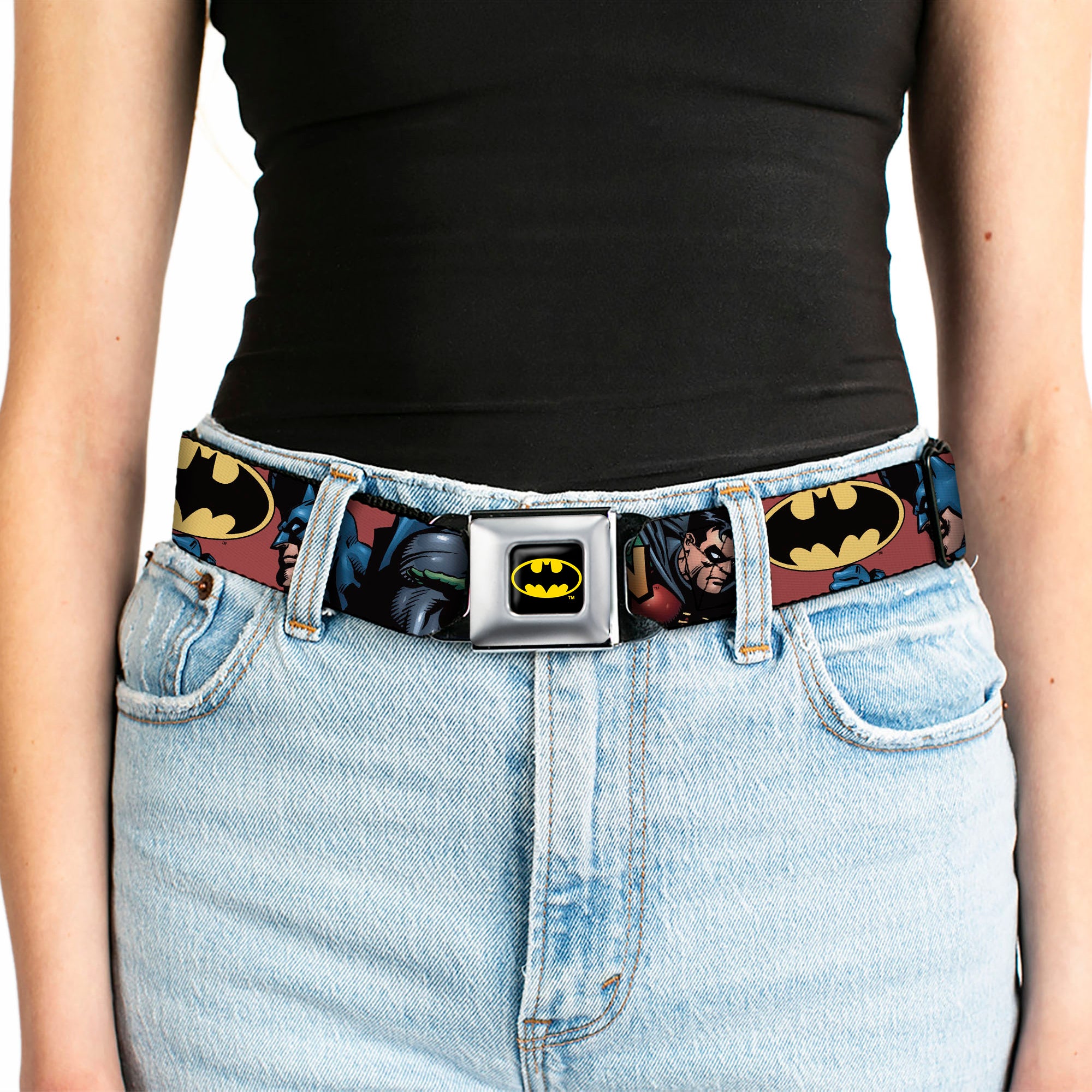 Batman Full Color Black Yellow Seatbelt Belt - Batman & Robin in Action w/Text Burgundy Webbing Seatbelt Belts DC Comics
