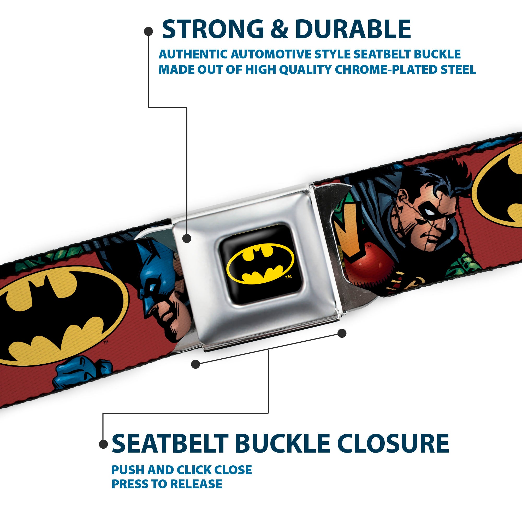 Batman Full Color Black Yellow Seatbelt Belt - Batman & Robin in Action w/Text Burgundy Webbing Seatbelt Belts DC Comics