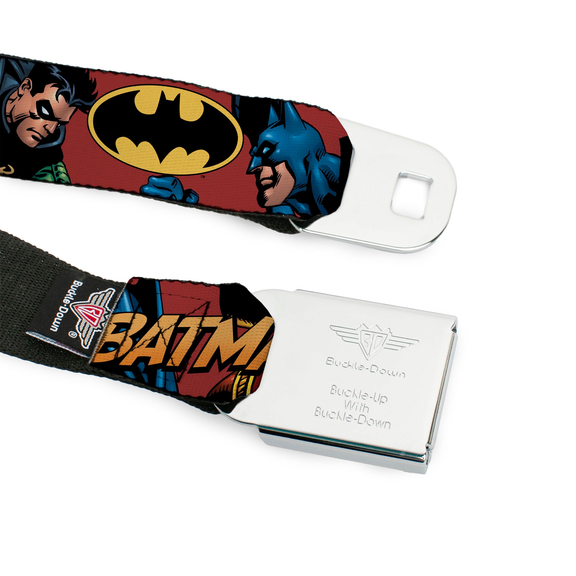 Batman Full Color Black Yellow Seatbelt Belt - Batman & Robin in Action w/Text Burgundy Webbing Seatbelt Belts DC Comics