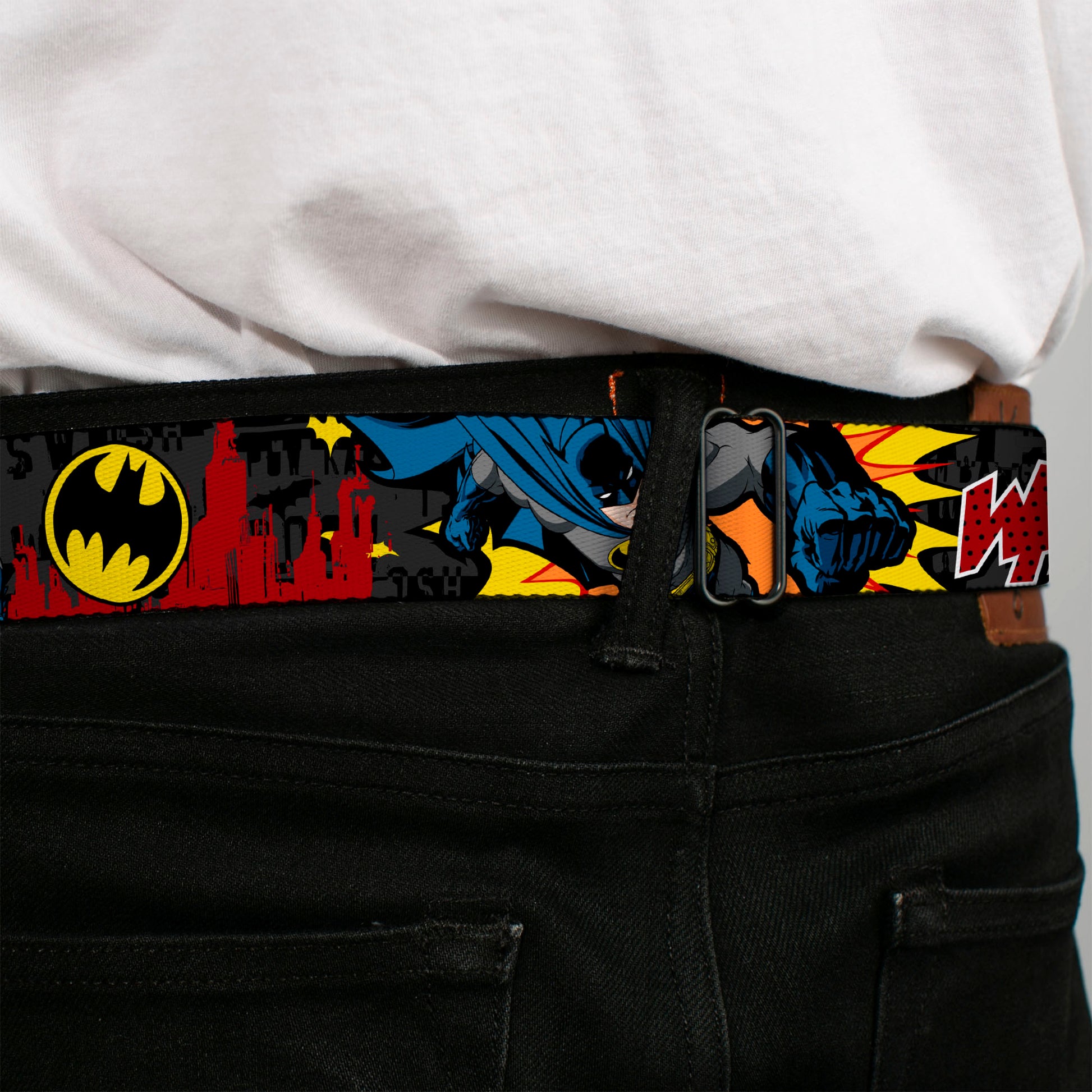 Batman Full Color Black Yellow Seatbelt Belt - Batman in Action WHOOM! Red Skyline Webbing Seatbelt Belts DC Comics