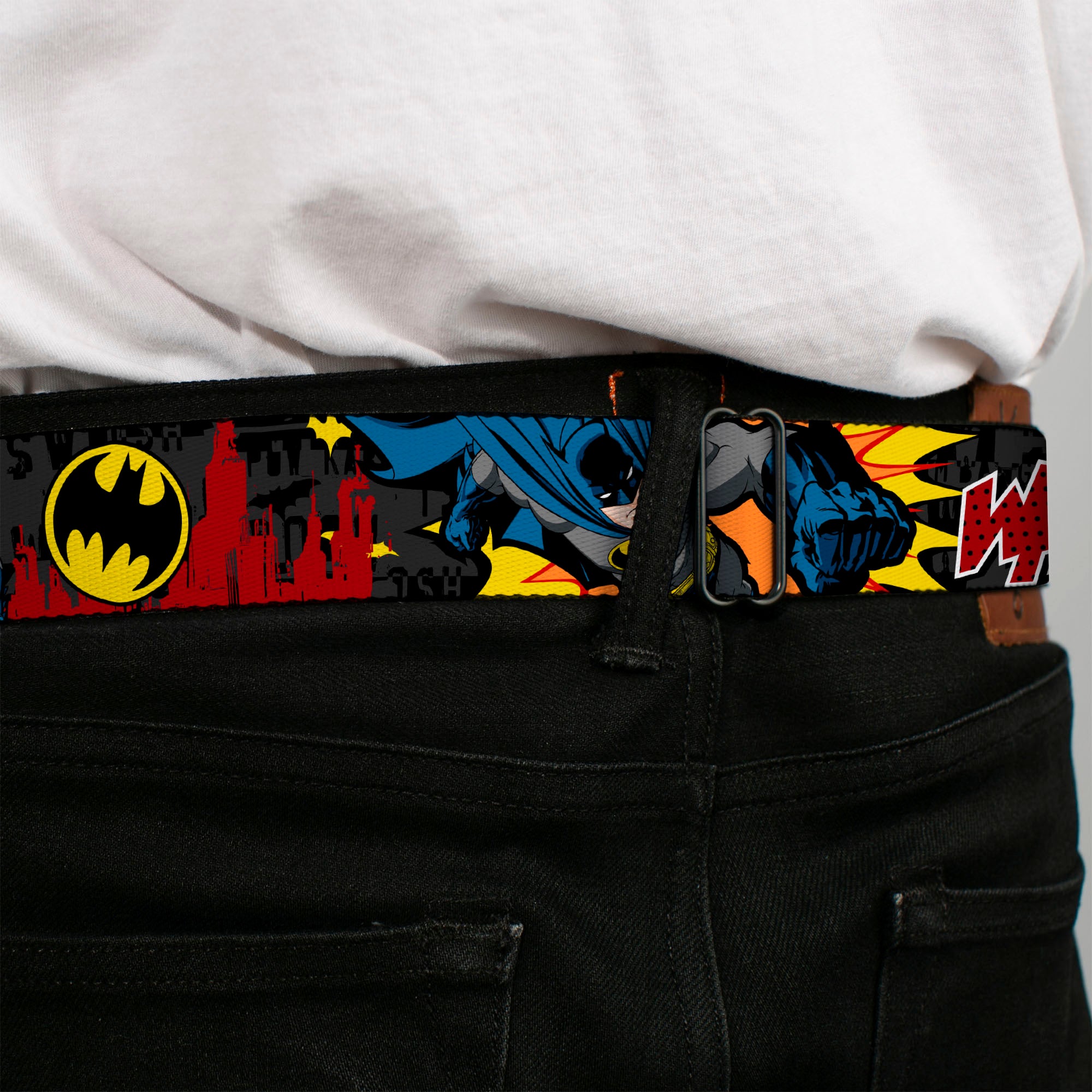 Batman Full Color Black Yellow Seatbelt Belt - Batman in Action WHOOM! Red Skyline Webbing Seatbelt Belts DC Comics