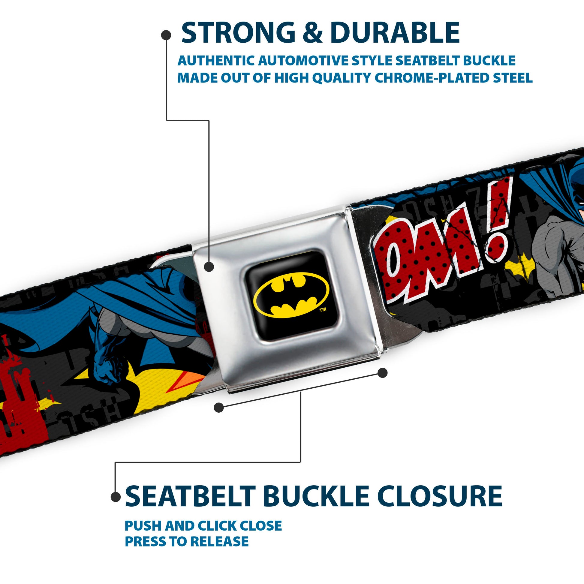Batman Full Color Black Yellow Seatbelt Belt - Batman in Action WHOOM! Red Skyline Webbing Seatbelt Belts DC Comics